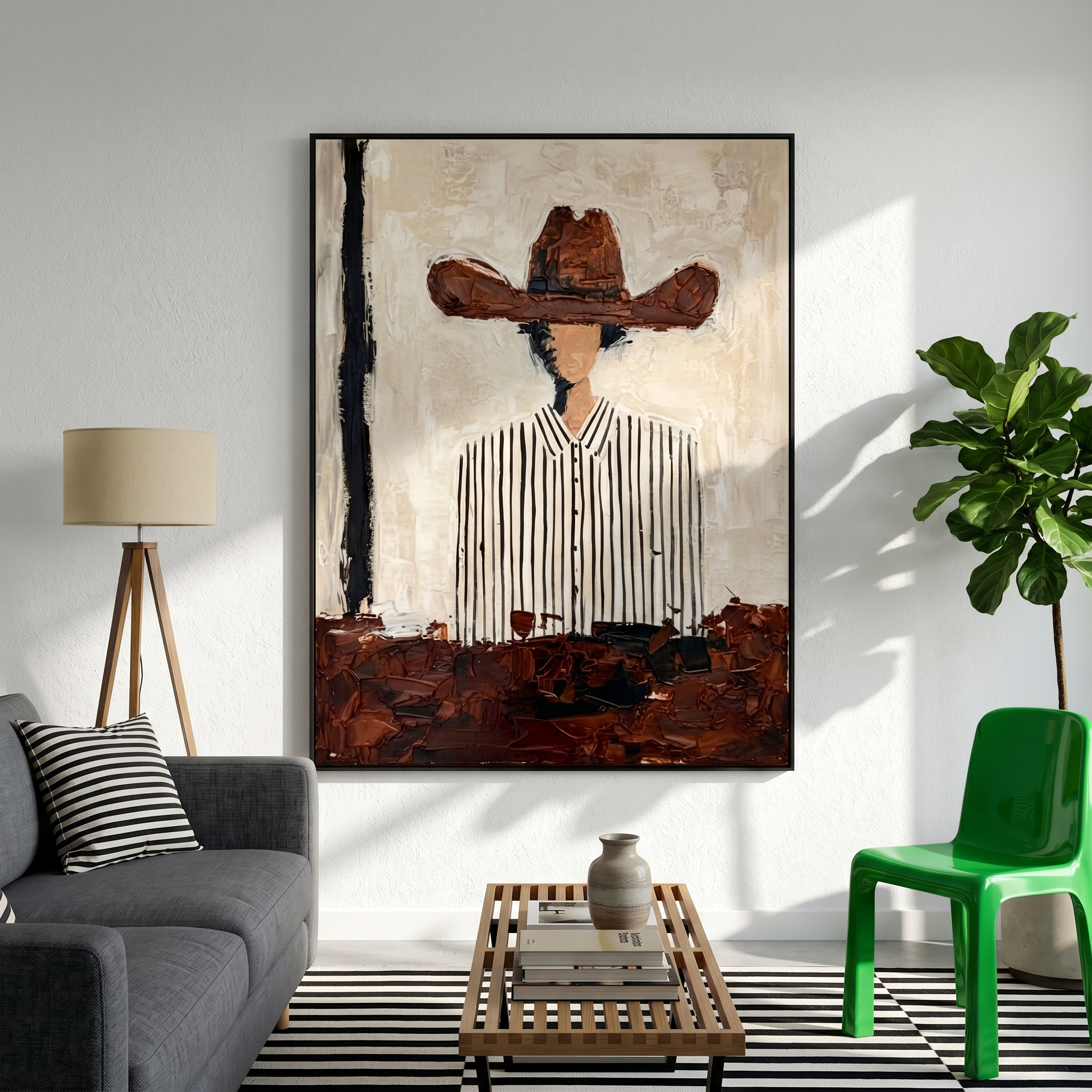 "Modern Cowboy in Stripes" – Contemporary Heavy Impasto Portrait | 3D Cinnamon & Cream Palette Knife Painting | Luxury Vertical Wall Art #PE 011