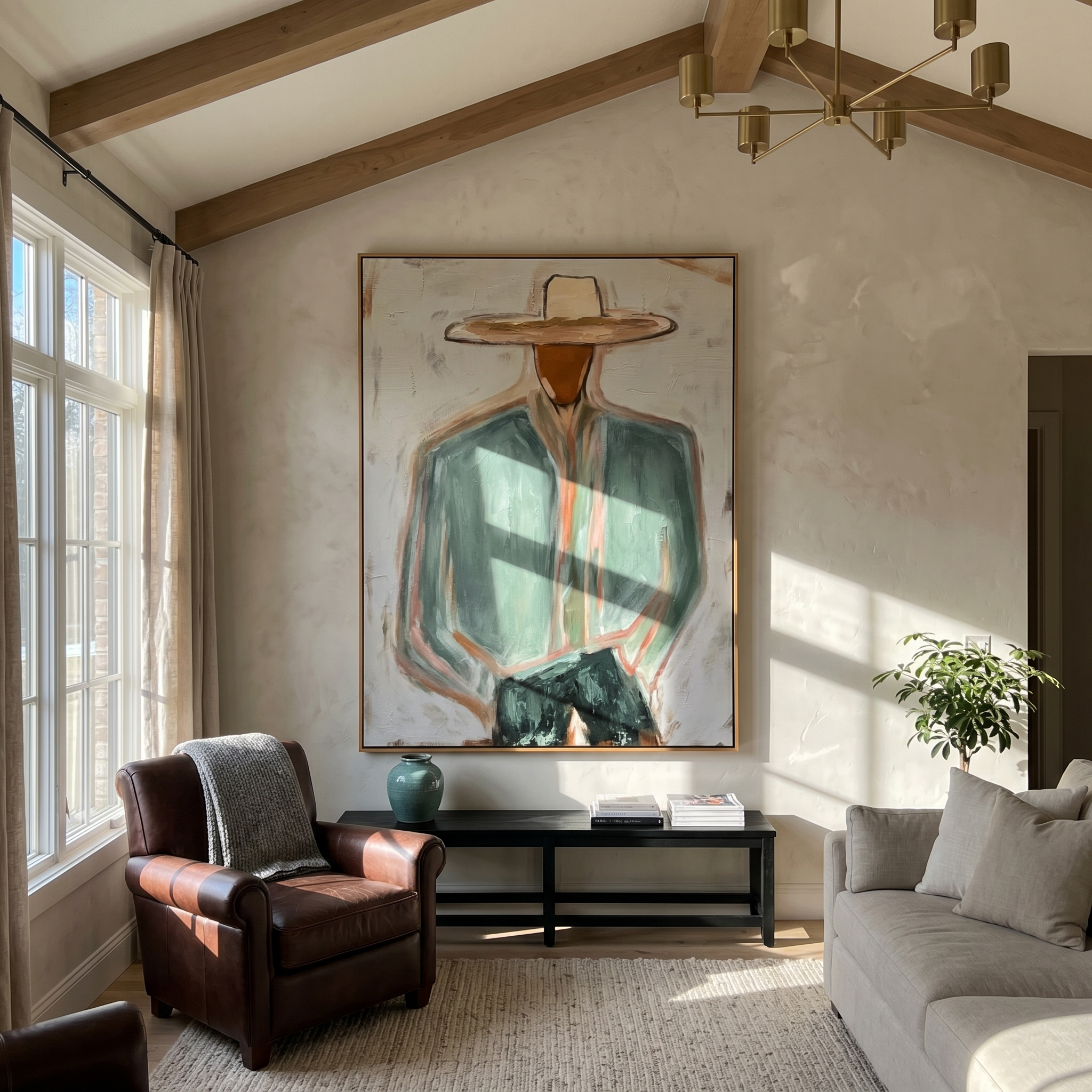 "Warm Desert Cowboy" – Expressive Sculptural Art | 3D Layered Sage Green & Ochre Canvas | Luxury Vertical Wall Art #PE 010