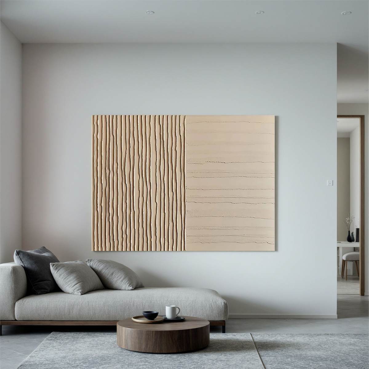 "Duality" - 3D Minimalist Dual-Texture Plaster Relief | Warm Beige Wabi-Sabi Statement Art