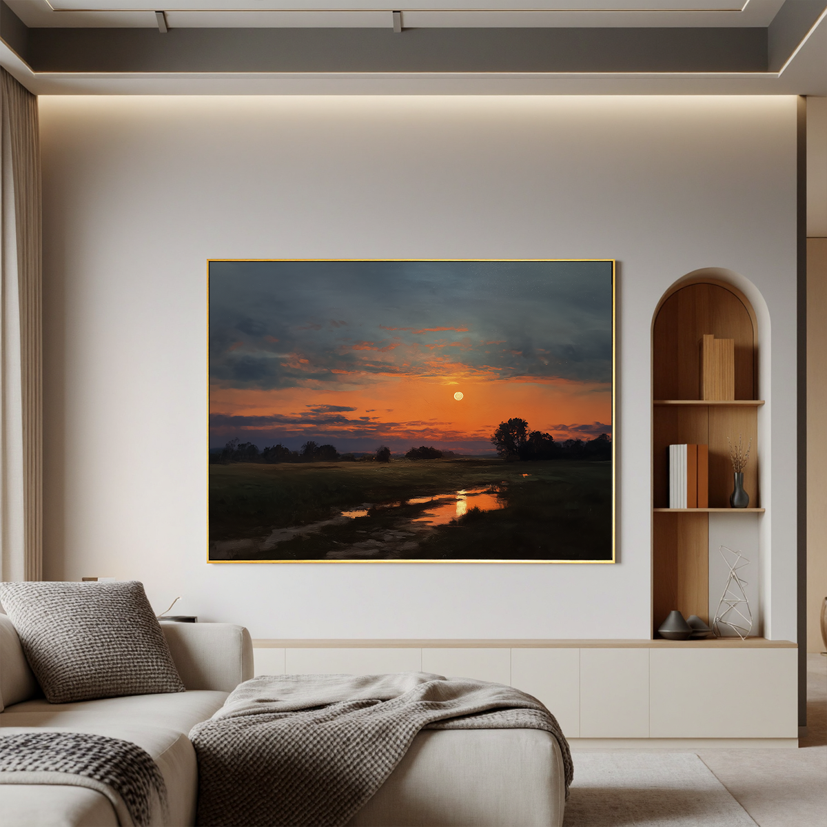 "Harvest Moon Rising" - Impressionist Sunset Landscape | Dramatic Orange & Midnight Statement Art