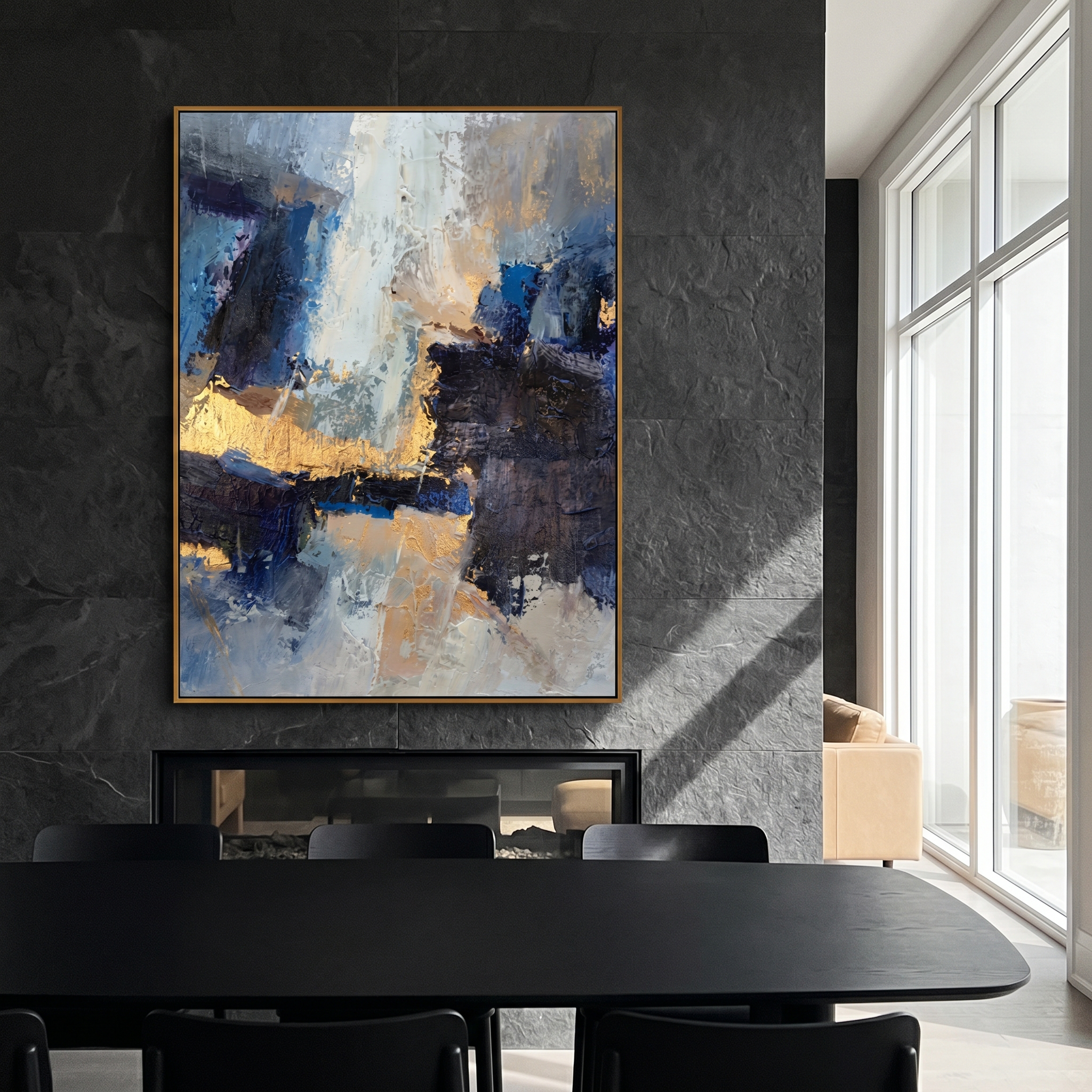 "Golden Abyss" – Modern Abstract Navy & Gold Impasto Oil Painting | Luxury Office Wall Art