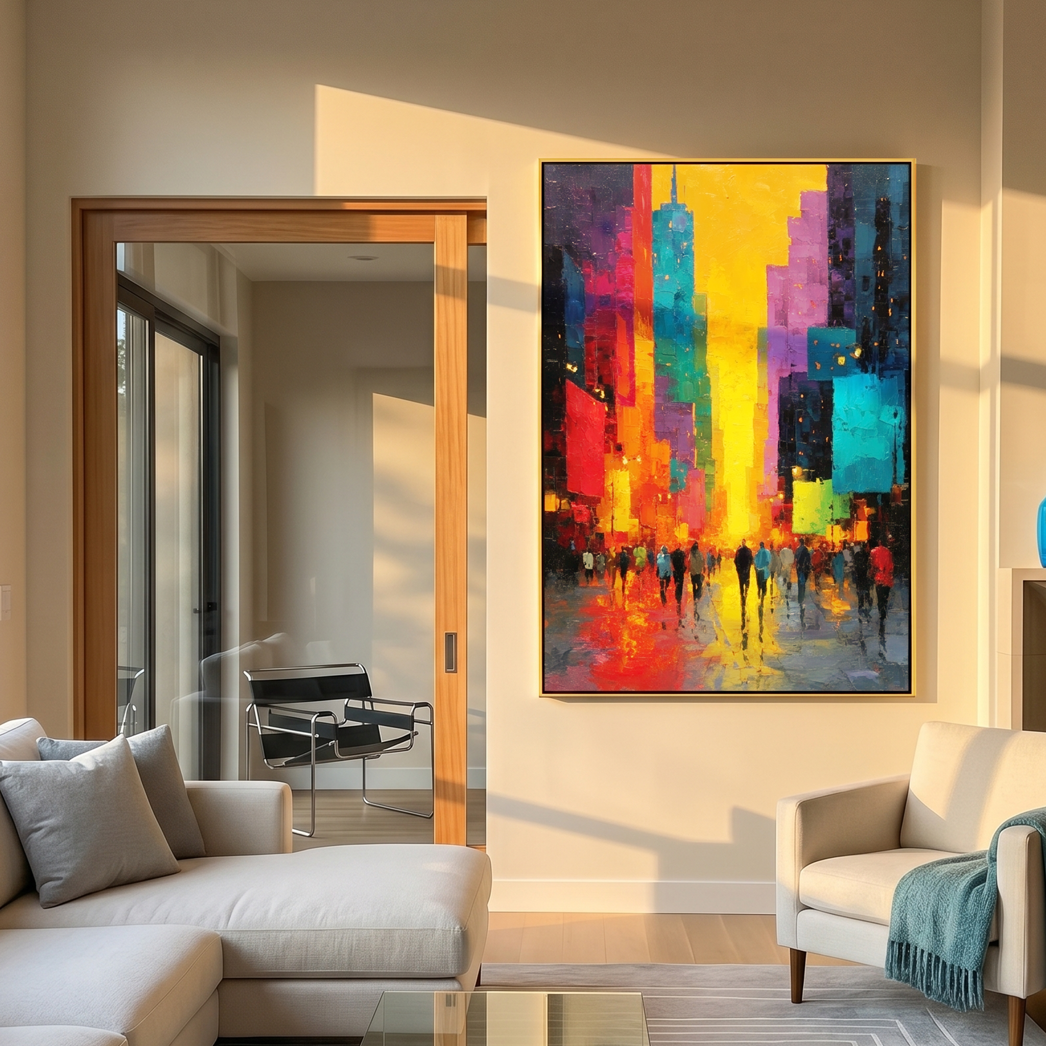 "Neon City Rush" – Modern Heavy Impasto Abstract Cityscape | 3D Vibrant Sunset Palette Knife Painting | Luxury Vertical Wall Art#PT 001