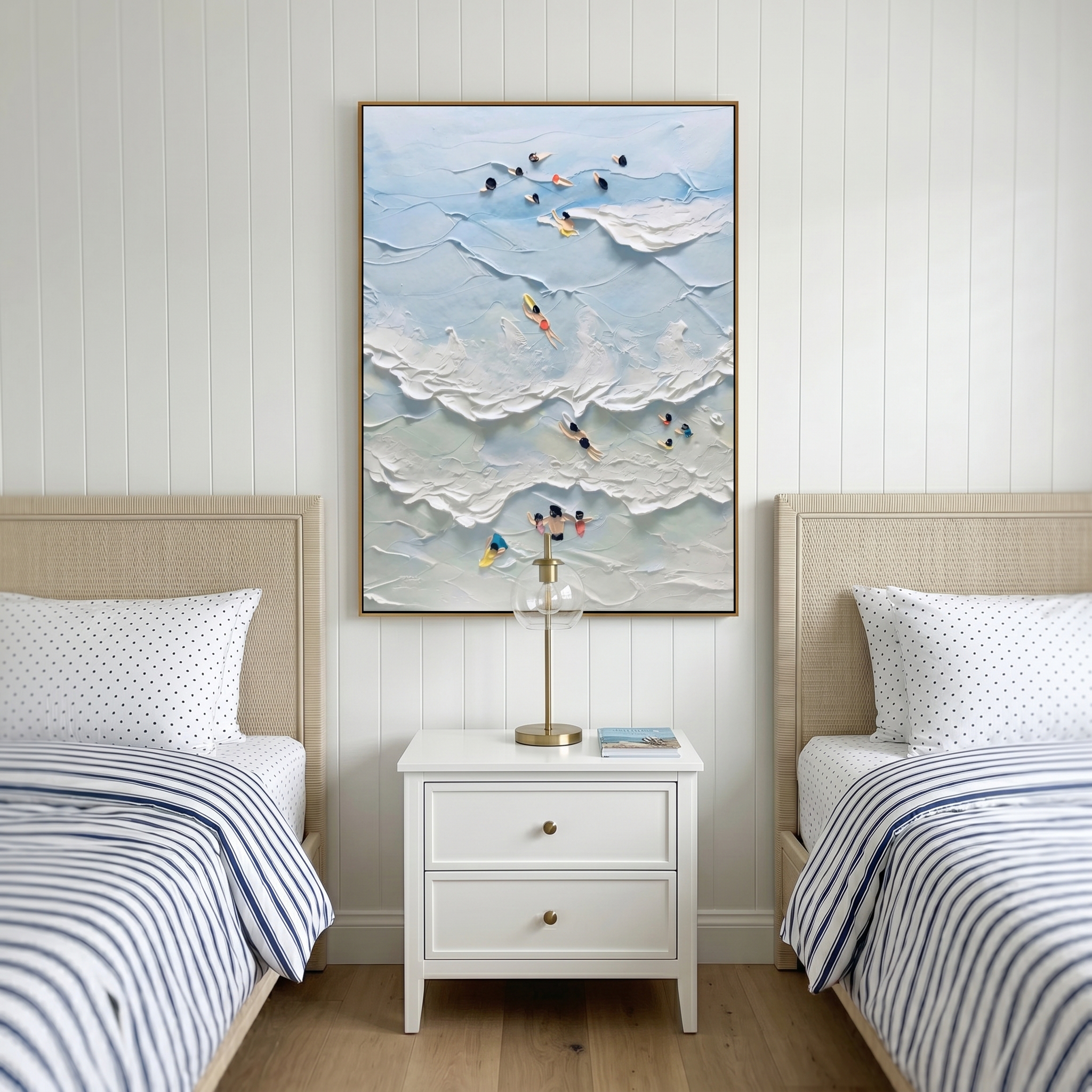 "Playful Tides" – Whimsical 3D Aerial Beach Impasto Canvas Art | Bright Coastal Living Room Decor