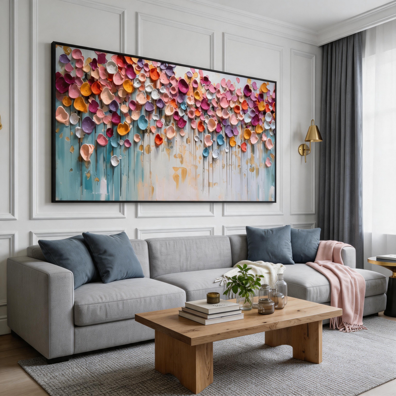 "Joyful Burst" – Modern 3D Impasto Abstract Petal Painting | Vibrant Horizontal Living Room Wall Art