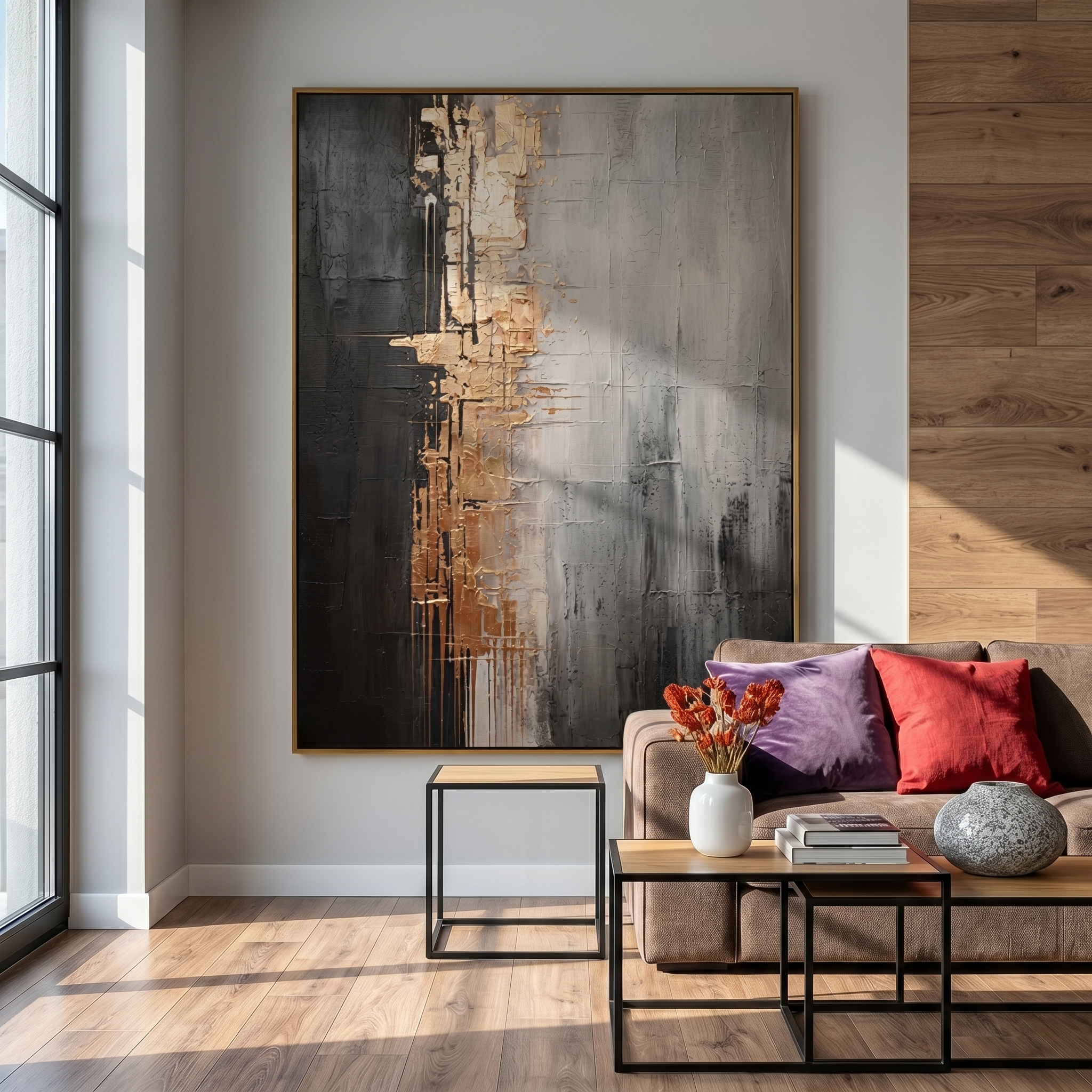 "Gilded Fissure" – Industrial Gold & Charcoal Abstract Oil Painting | Sophisticated Executive Office Art