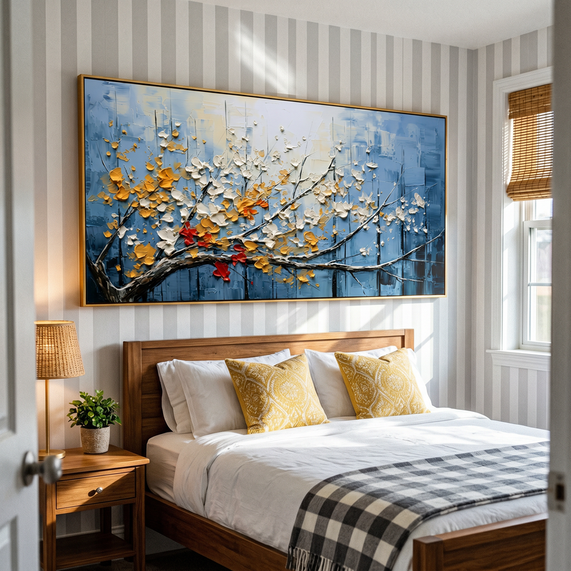 "Golden Breath" – Impressionist Textured Blossom Branch | Serene Over-Sofa Statement Art