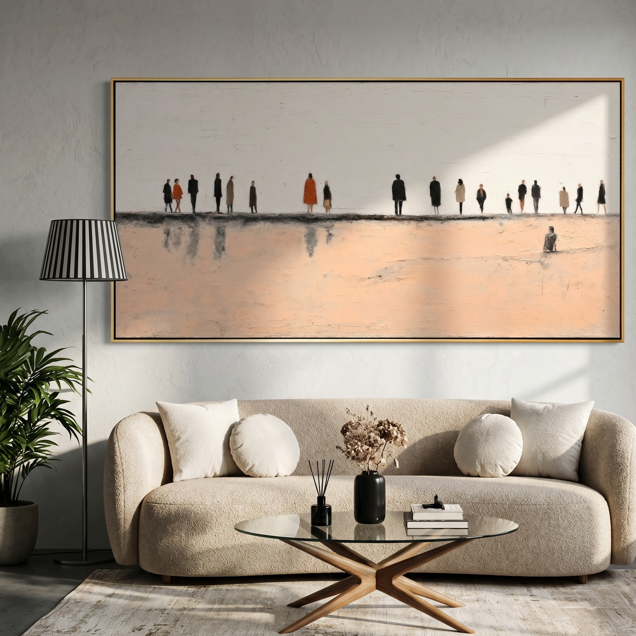 "Solitude in the Crowd" – Modern Heavy Impasto Figurative Art | 3D Neutral & Blush Palette Knife Painting | Luxury Horizontal Wall Art#LC 001