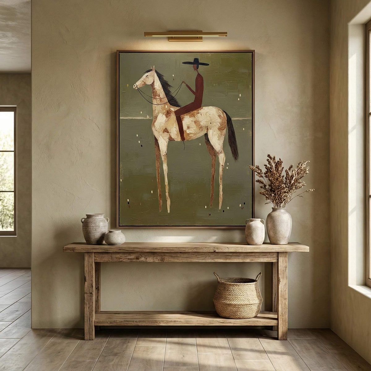 "Olive Solitude" - Modern Heavy Impasto Western Animal Artwork | Golden Palette Knife Painting | Luxury Vertical Wall Art #YK 1593
