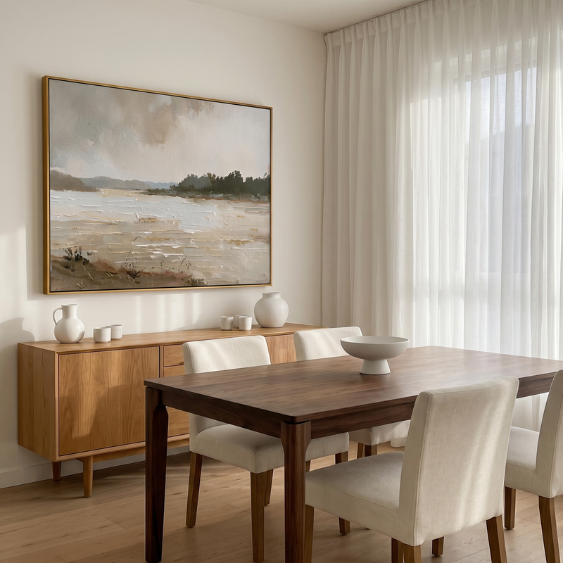 "Rustic Reverie" – Impressionist Neutral Lakeside Landscape Painting | Serene Farmhouse Wall Decor