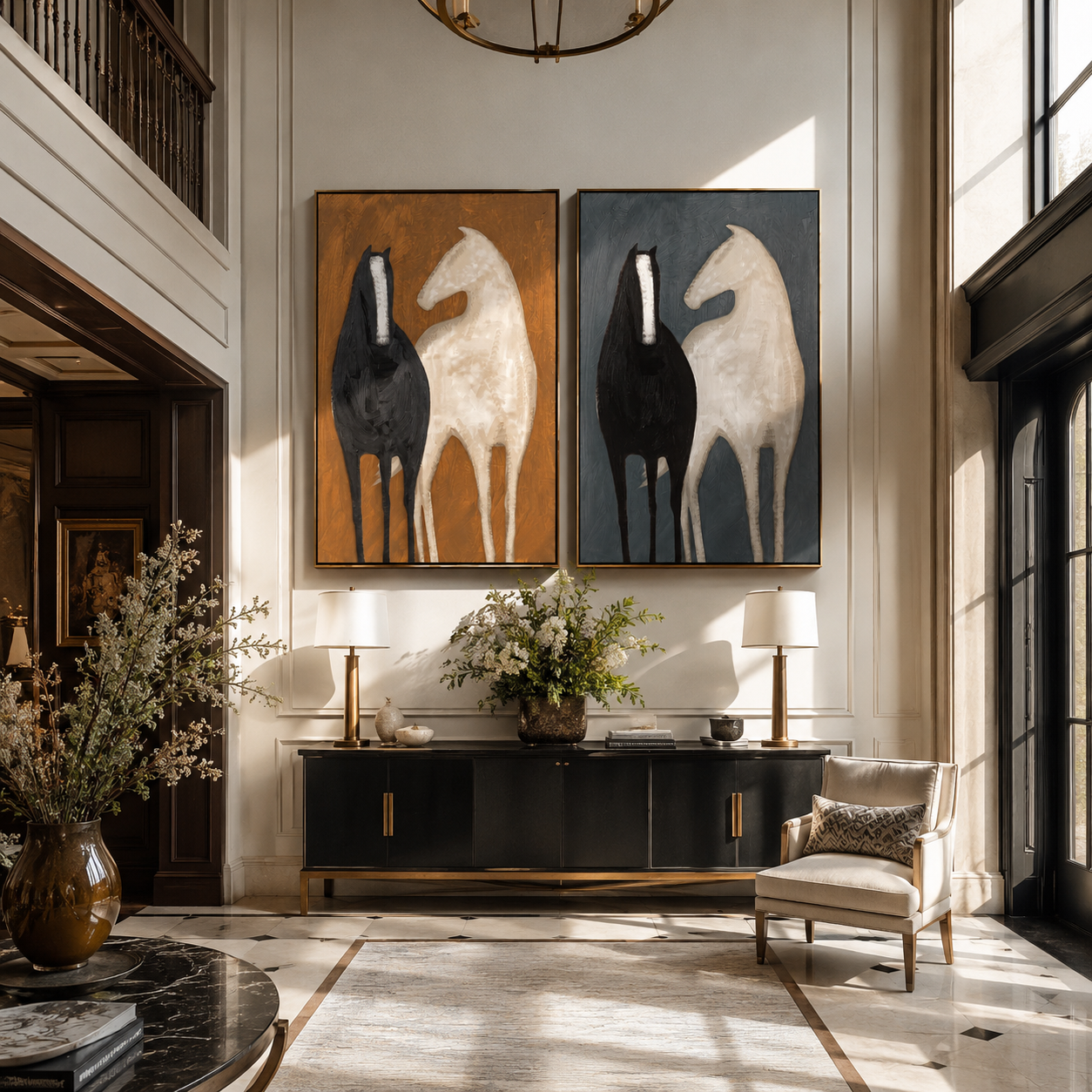 "Echoes of the Untamed" — 3D Textured Abstract Horse Wall Art Set | Ochre & Slate Framed Diptych#VA603