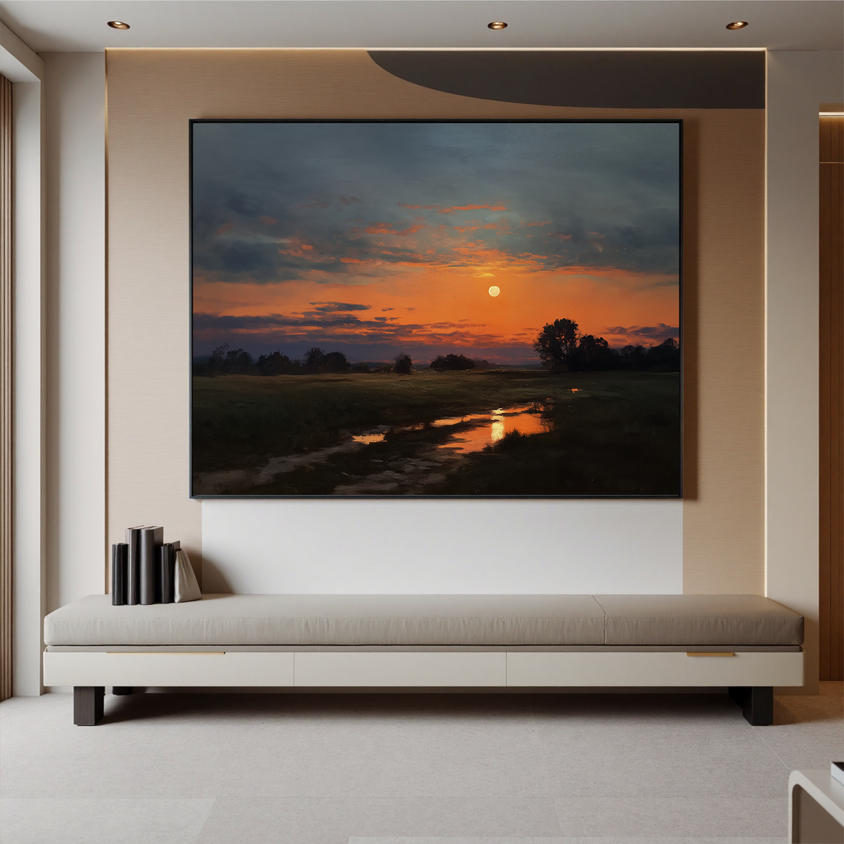"Harvest Moon Rising" - Impressionist Sunset Landscape | Dramatic Orange & Midnight Statement Art