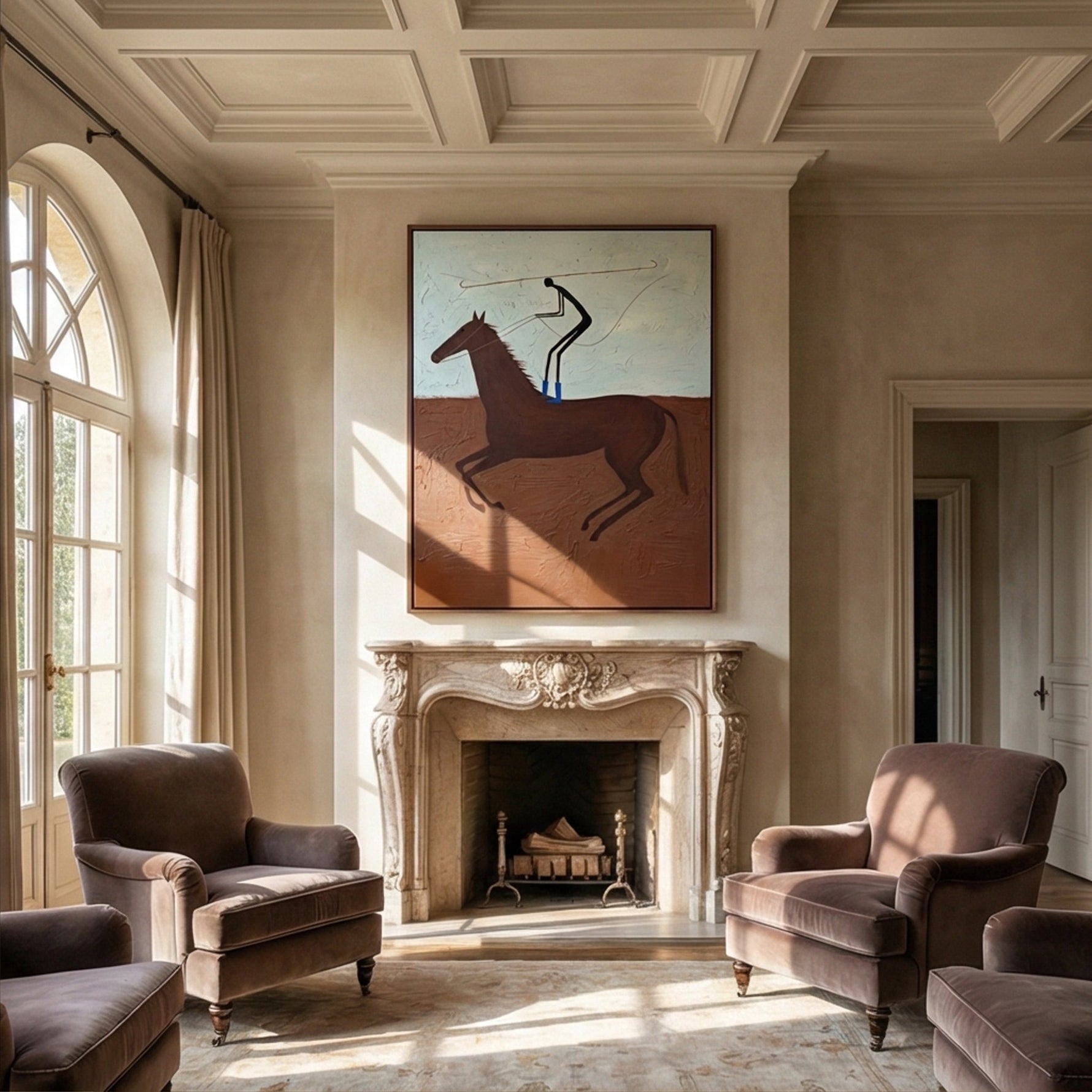 "The Lasso Rider" – Modern Heavy Impasto Western Art | 3D Terracotta & Sky Blue Palette Knife Painting | Luxury Vertical Wall Art #AB 009