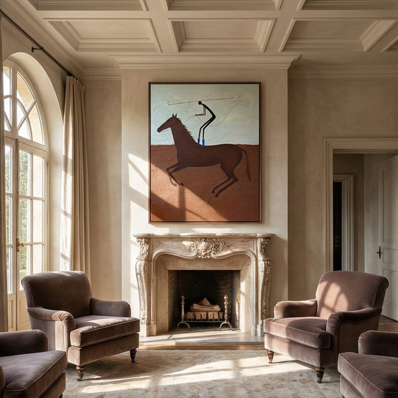 "The Lasso Rider" – Modern Heavy Impasto Western Art | 3D Terracotta & Sky Blue Palette Knife Painting | Luxury Vertical Wall Art #AB 009