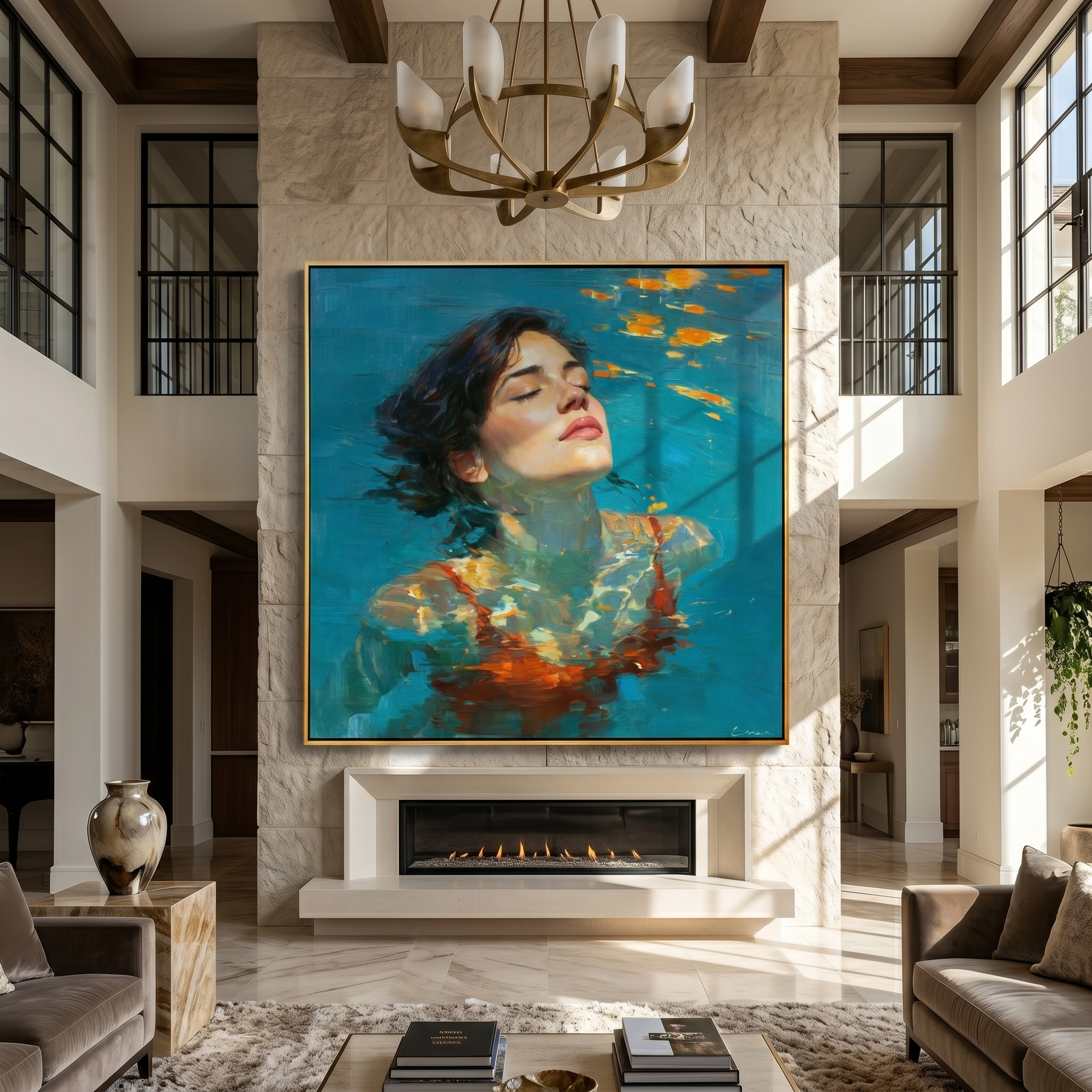 "Serene Sunlit Waters" – Tactile Underwater Impressionist Art | Vibrant Teal & Warm Orange Impasto Wall Decor | Contemporary Square Statement Piece#PE 002