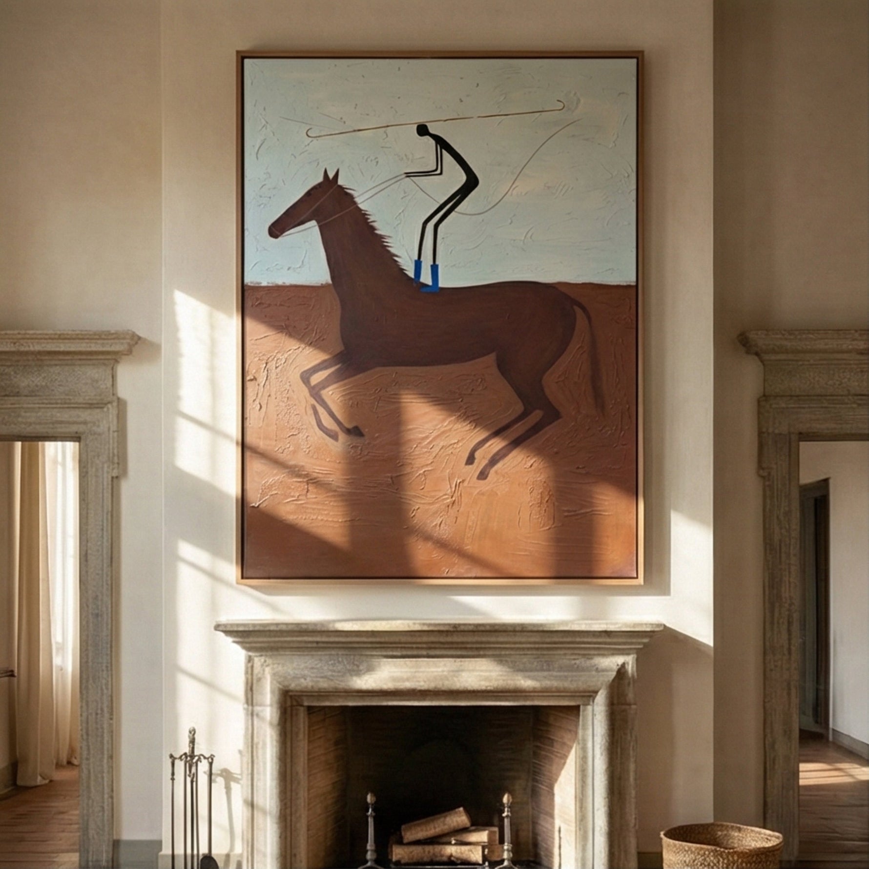 "The Lasso Rider" – Modern Heavy Impasto Western Art | 3D Terracotta & Sky Blue Palette Knife Painting | Luxury Vertical Wall Art #AB 009