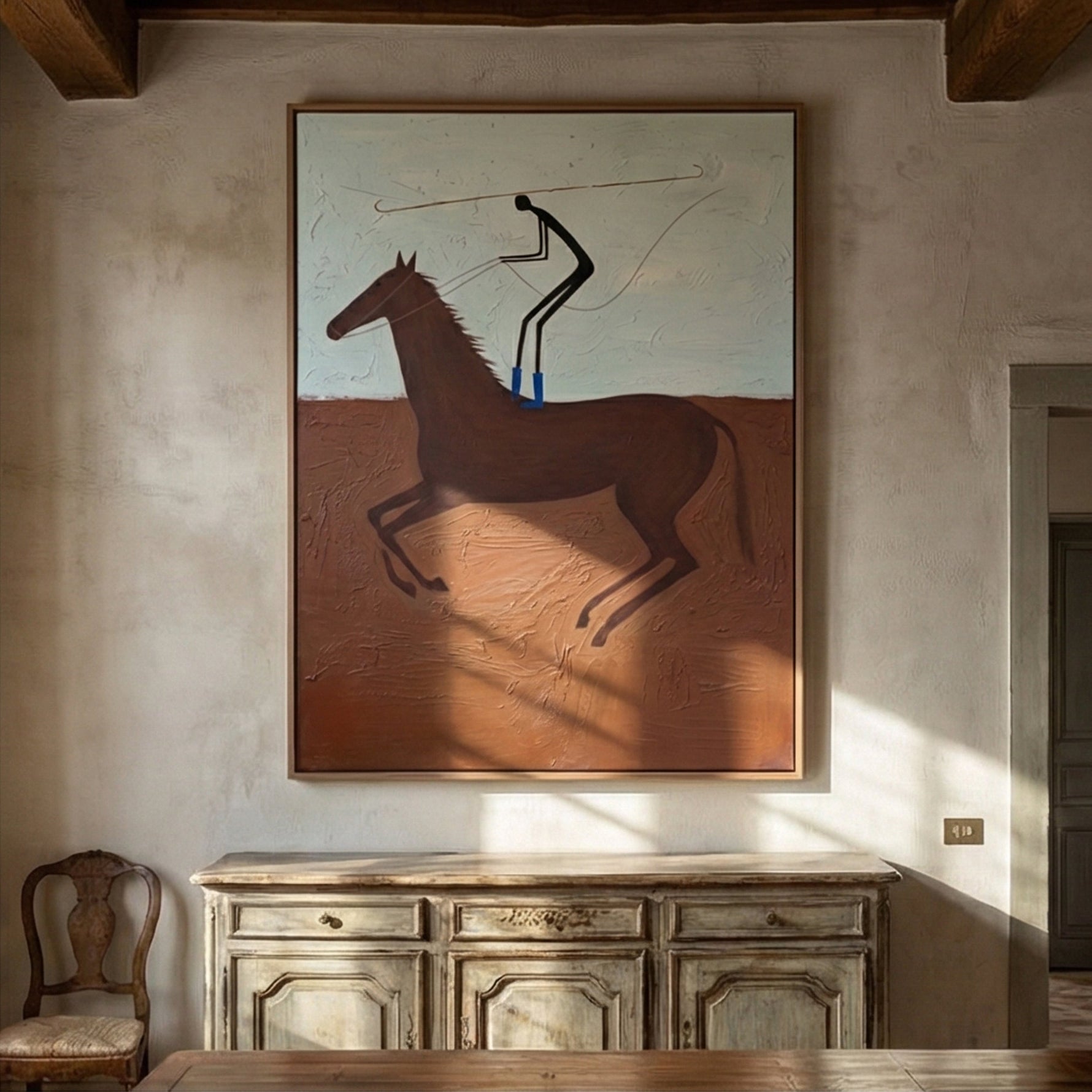 "The Lasso Rider" – Modern Heavy Impasto Western Art | 3D Terracotta & Sky Blue Palette Knife Painting | Luxury Vertical Wall Art #AB 009