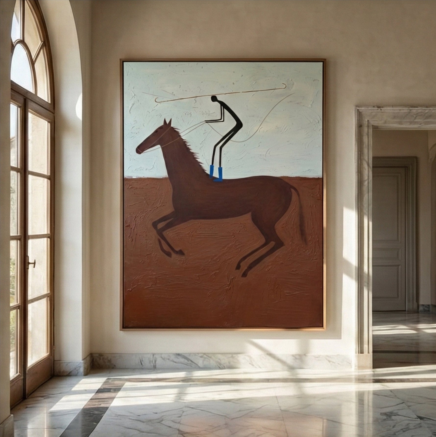 "The Lasso Rider" – Modern Heavy Impasto Western Art | 3D Terracotta & Sky Blue Palette Knife Painting | Luxury Vertical Wall Art #AB 009