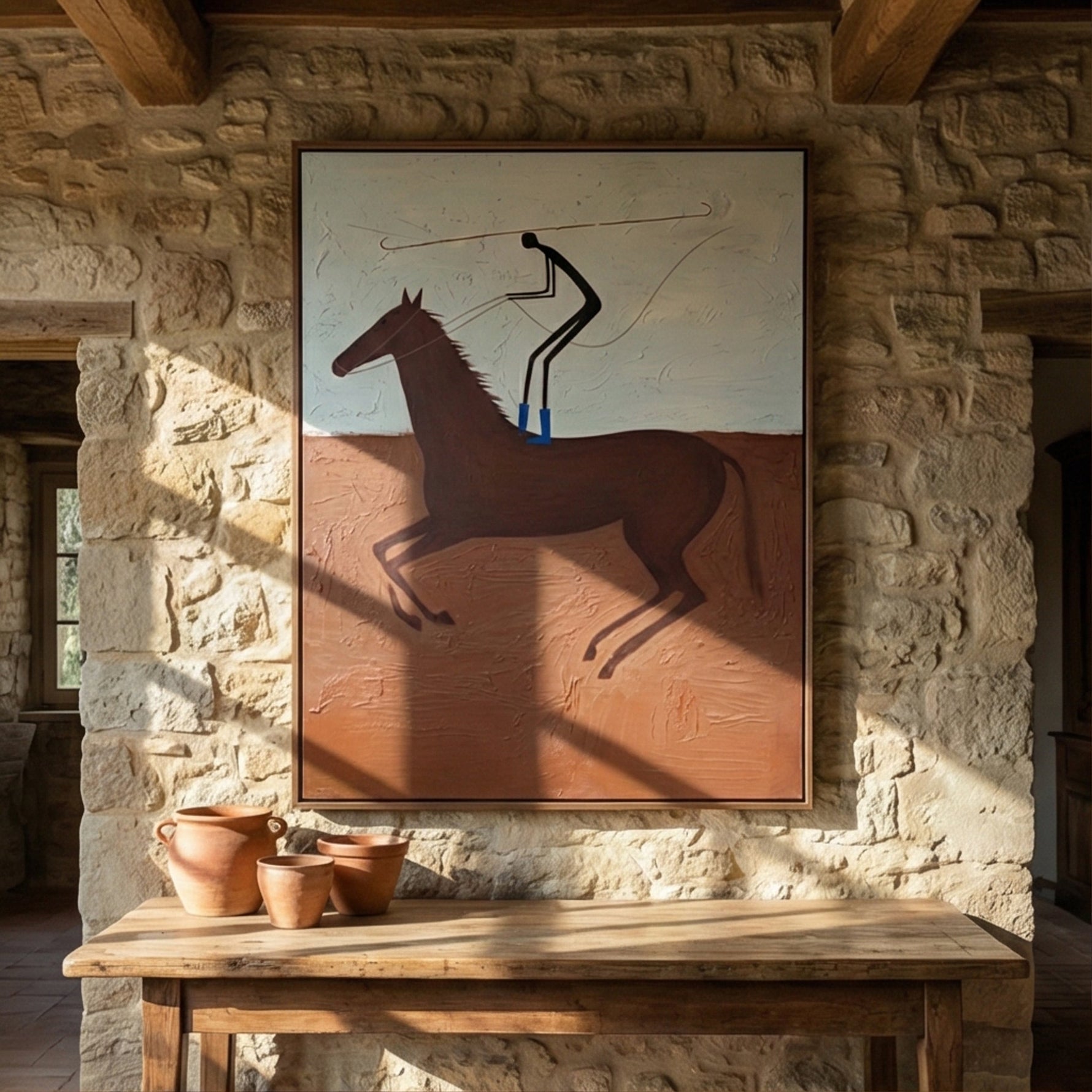 "The Lasso Rider" – Modern Heavy Impasto Western Art | 3D Terracotta & Sky Blue Palette Knife Painting | Luxury Vertical Wall Art #AB 009