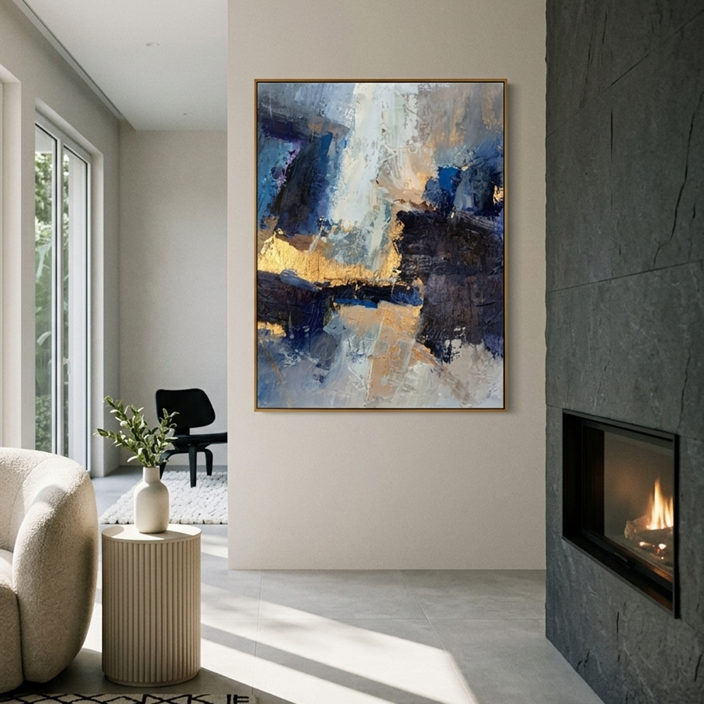 "Golden Abyss" – Modern Abstract Navy & Gold Impasto Oil Painting | Luxury Office Wall Art