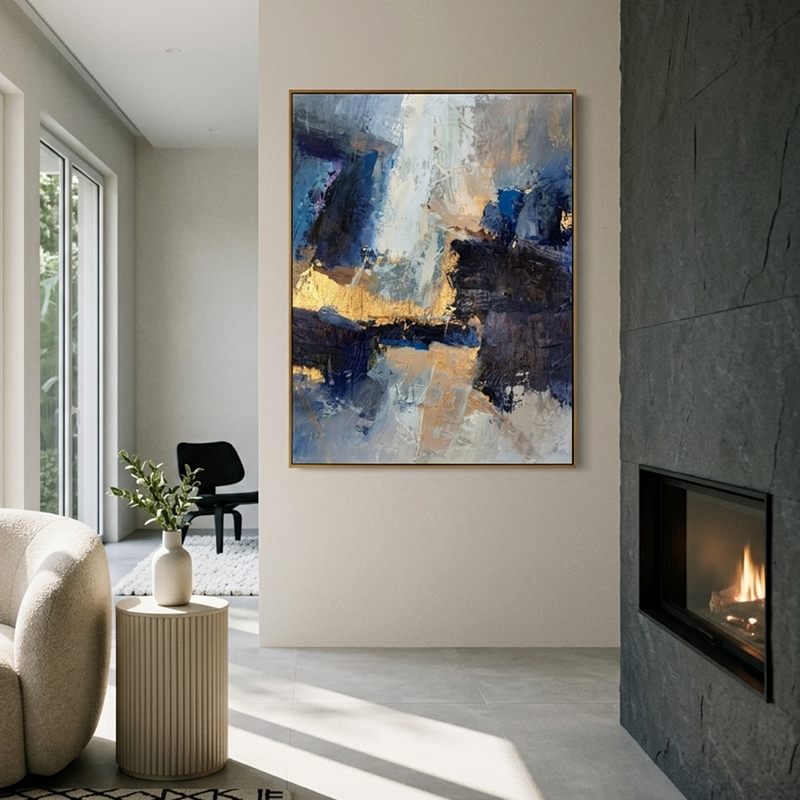 "Golden Abyss" – Modern Abstract Navy & Gold Impasto Oil Painting | Luxury Office Wall Art
