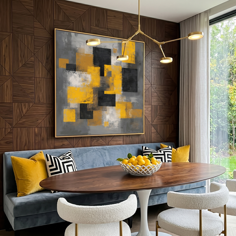 "Urban Kinetic" – Modern Mustard Yellow & Charcoal Grey Abstract Painting | Structured Industrial Wall Art