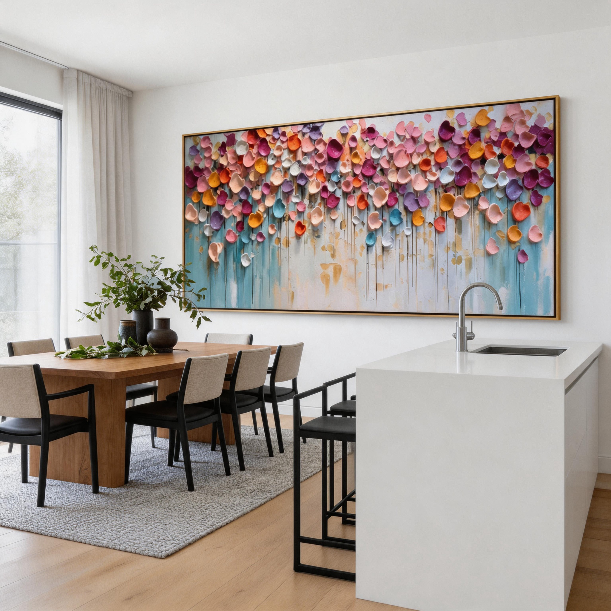 "Joyful Burst" – Modern 3D Impasto Abstract Petal Painting | Vibrant Horizontal Living Room Wall Art