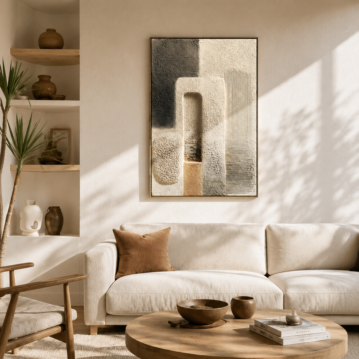 "Neutral Tones Geometry" – Modern Heavy Impasto Abstract | 3D Beige & Taupe Palette Knife Painting | Luxury Vertical Wall Art#PT 004