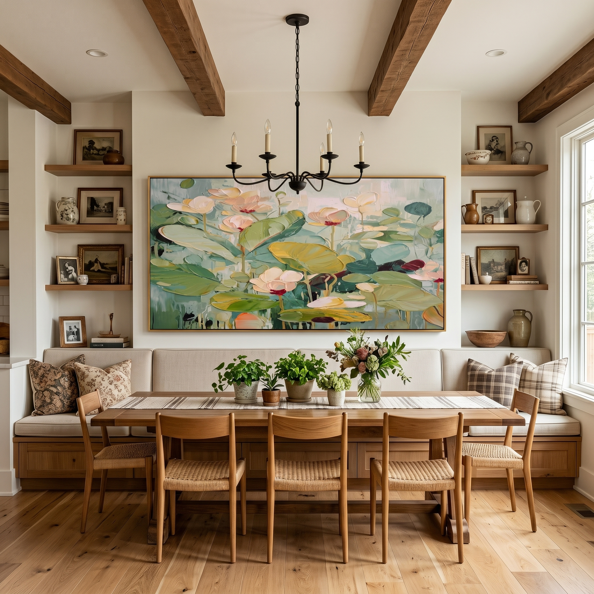 "Botanical Serenity" – Impressionist Lotus Floral Impasto Canvas Art | Elegant Dining Room Decor