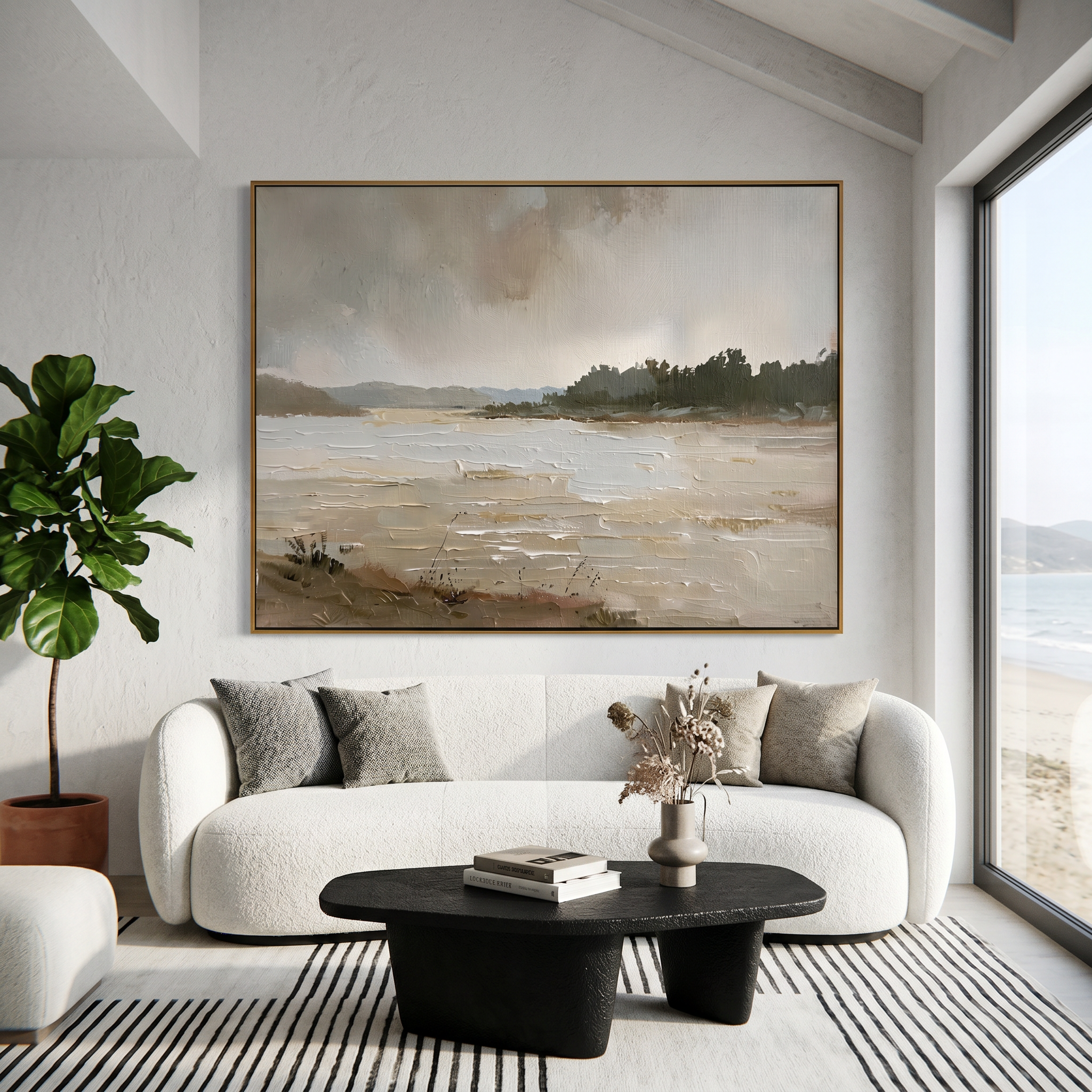 "Rustic Reverie" – Impressionist Neutral Lakeside Landscape Painting | Serene Farmhouse Wall Decor