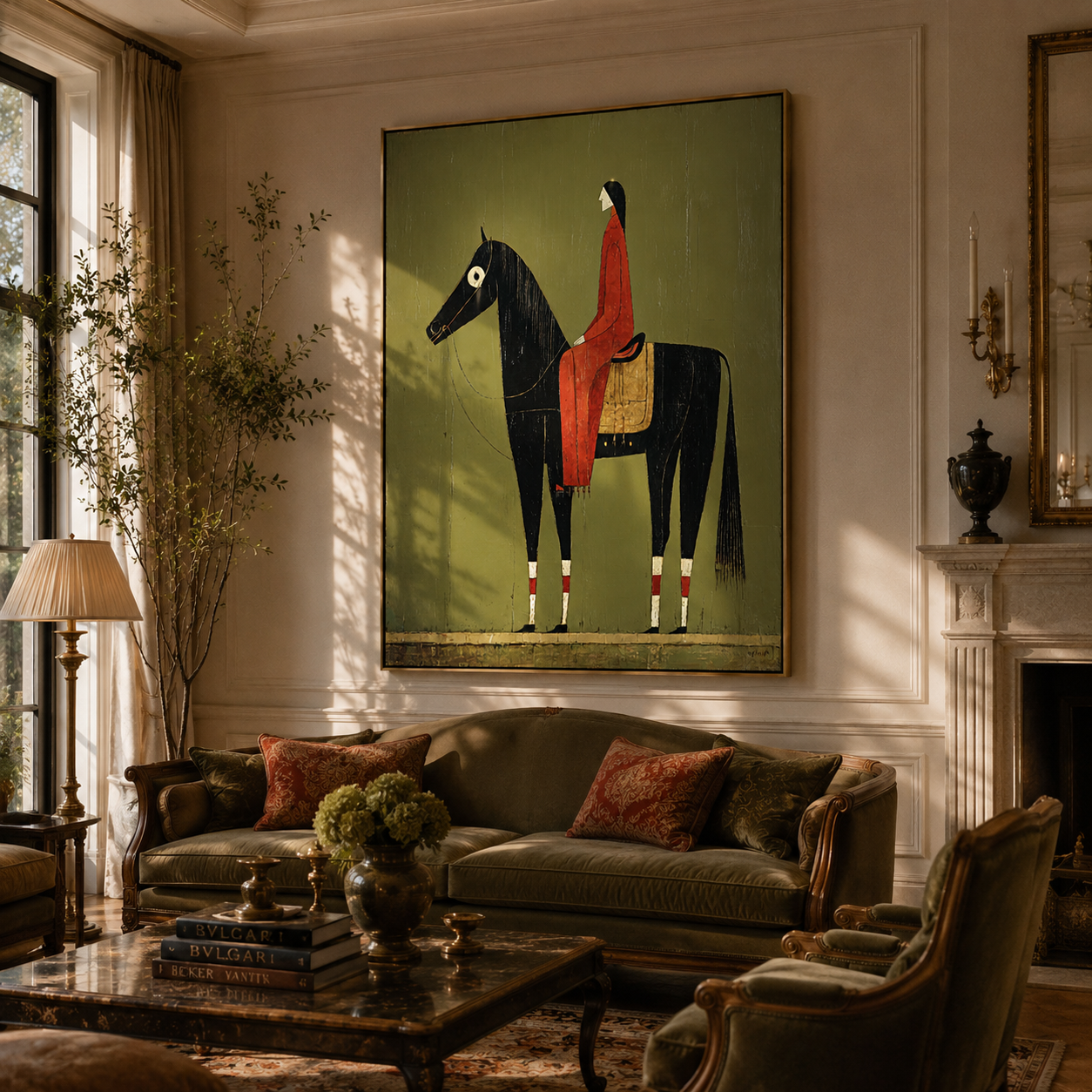 "Vintage Horse & Rider" – Textured Folk Art Style Painting | Earthy Olive, Red & Black Impasto Wall Decor | Contemporary Vertical Art#AB 001