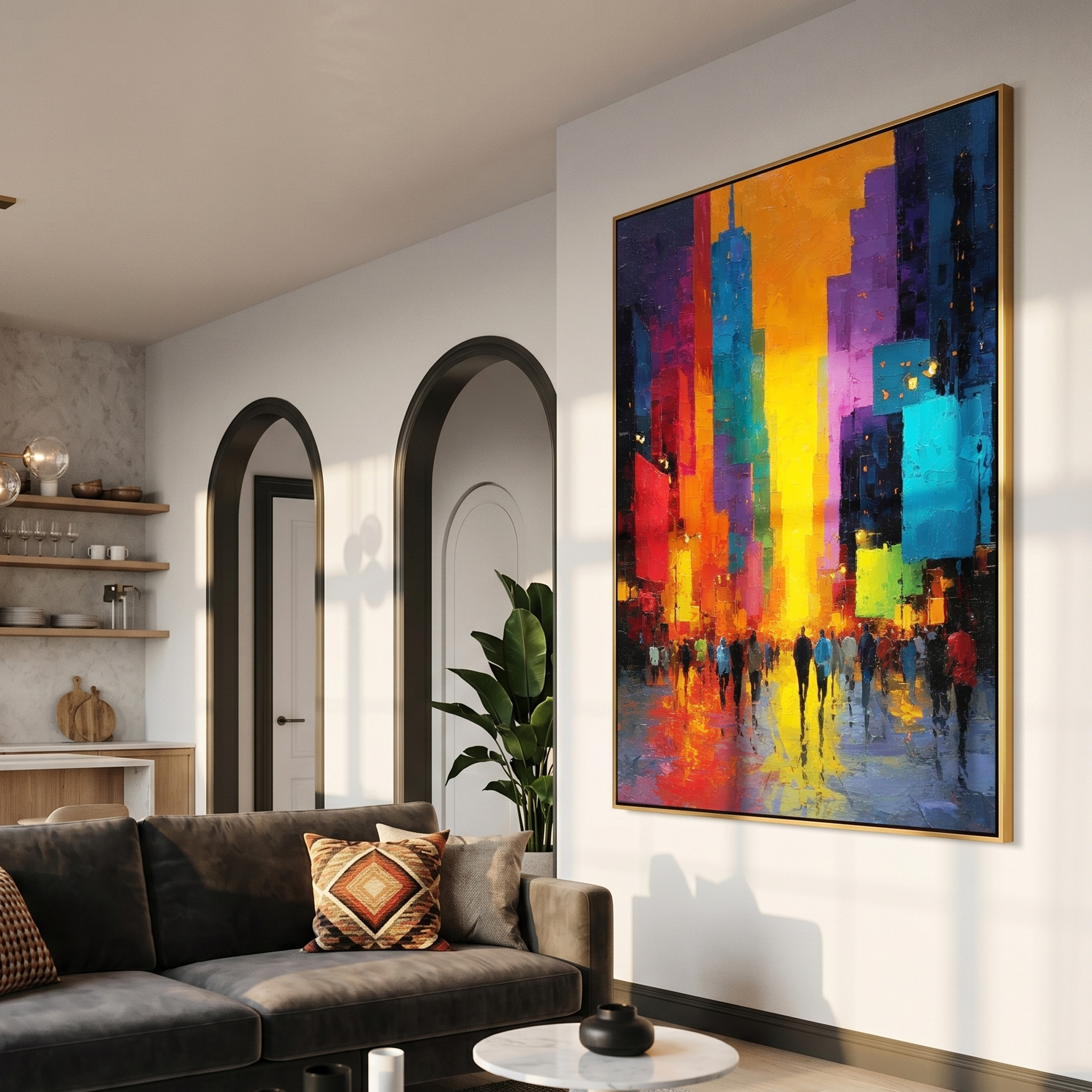 "Neon City Rush" – Modern Heavy Impasto Abstract Cityscape | 3D Vibrant Sunset Palette Knife Painting | Luxury Vertical Wall Art#PT 001
