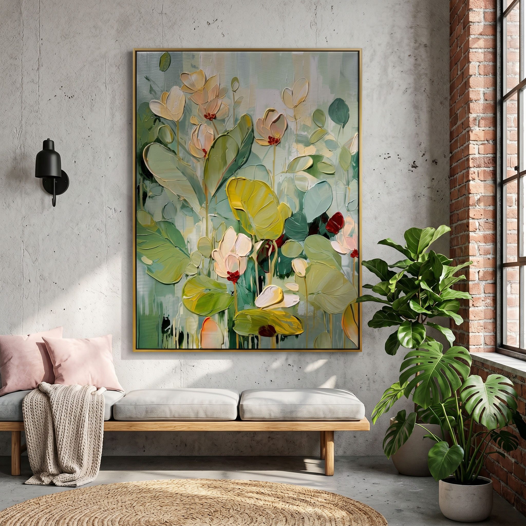 "Silent Bloom" – Expressionist Cream & Sage Impasto Floral Canvas | Serene Bedroom Art