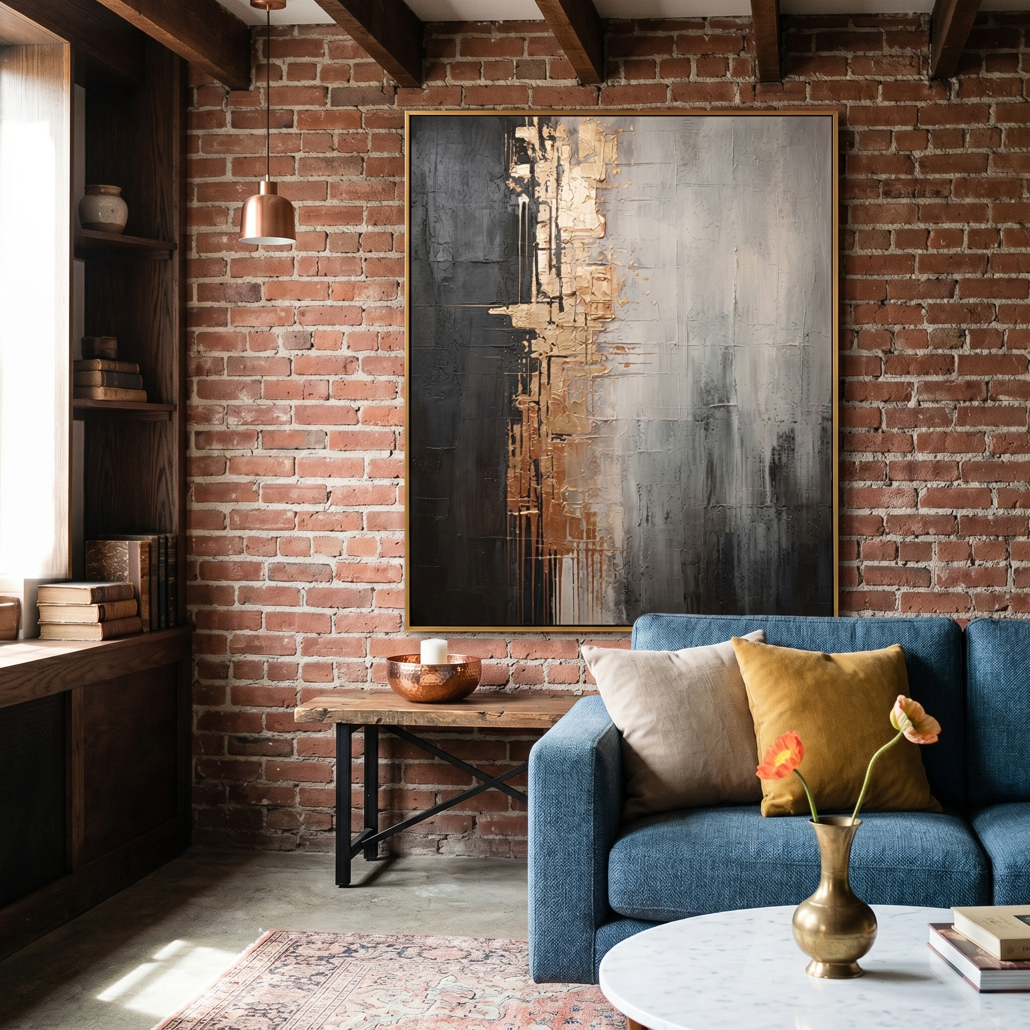 "Gilded Fissure" – Industrial Gold & Charcoal Abstract Oil Painting | Sophisticated Executive Office Art