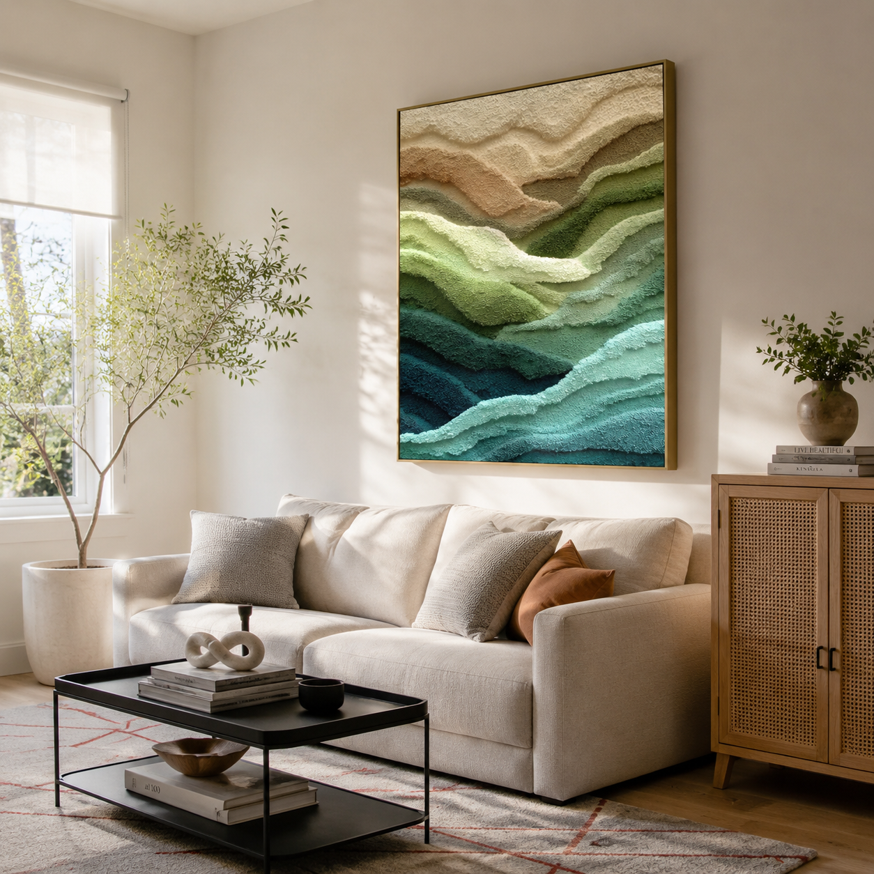 "Textured Ocean Gradient" – Tactile Abstract Landscape Art | Earthy Teal, Sage & Beige Impasto Wall Decor | Contemporary Vertical Art#PT 005