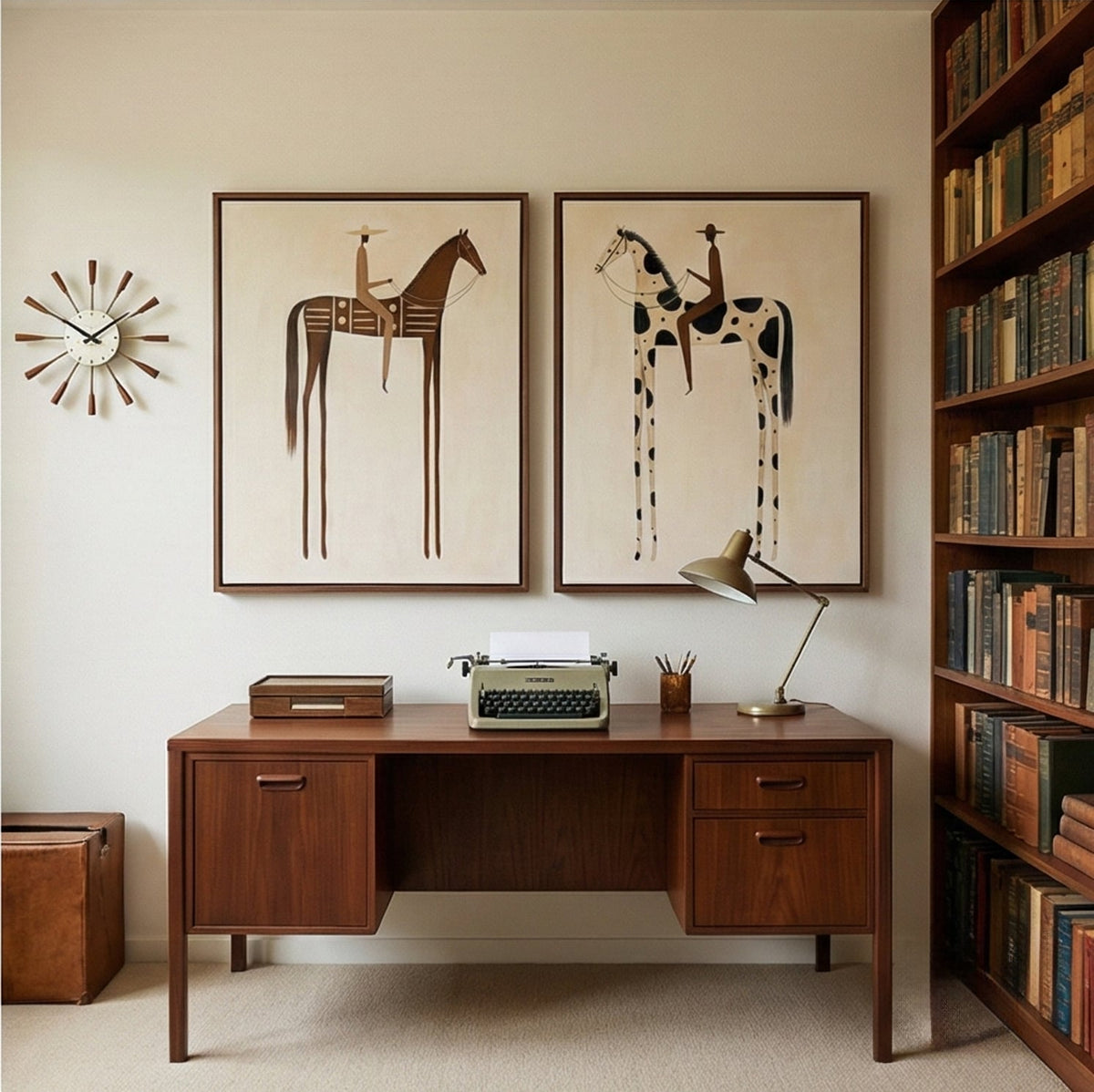 "Paired Reveries" - Modern Heavy Impasto Western Animal Artwork | Golden Palette Knife Painting | Luxury Two-Panel Vertical Wall Art #YK 1606