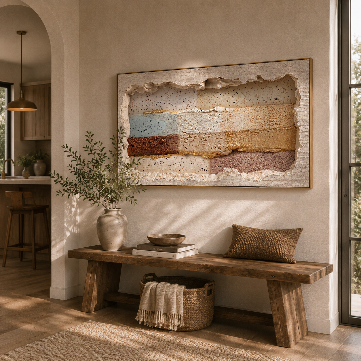 "Torn Paper Textures" – Tactile Mixed-Media Abstract Art | Earthy Brown, Blue & Gold Impasto Wall Decor | Contemporary Horizontal Art# PT 012