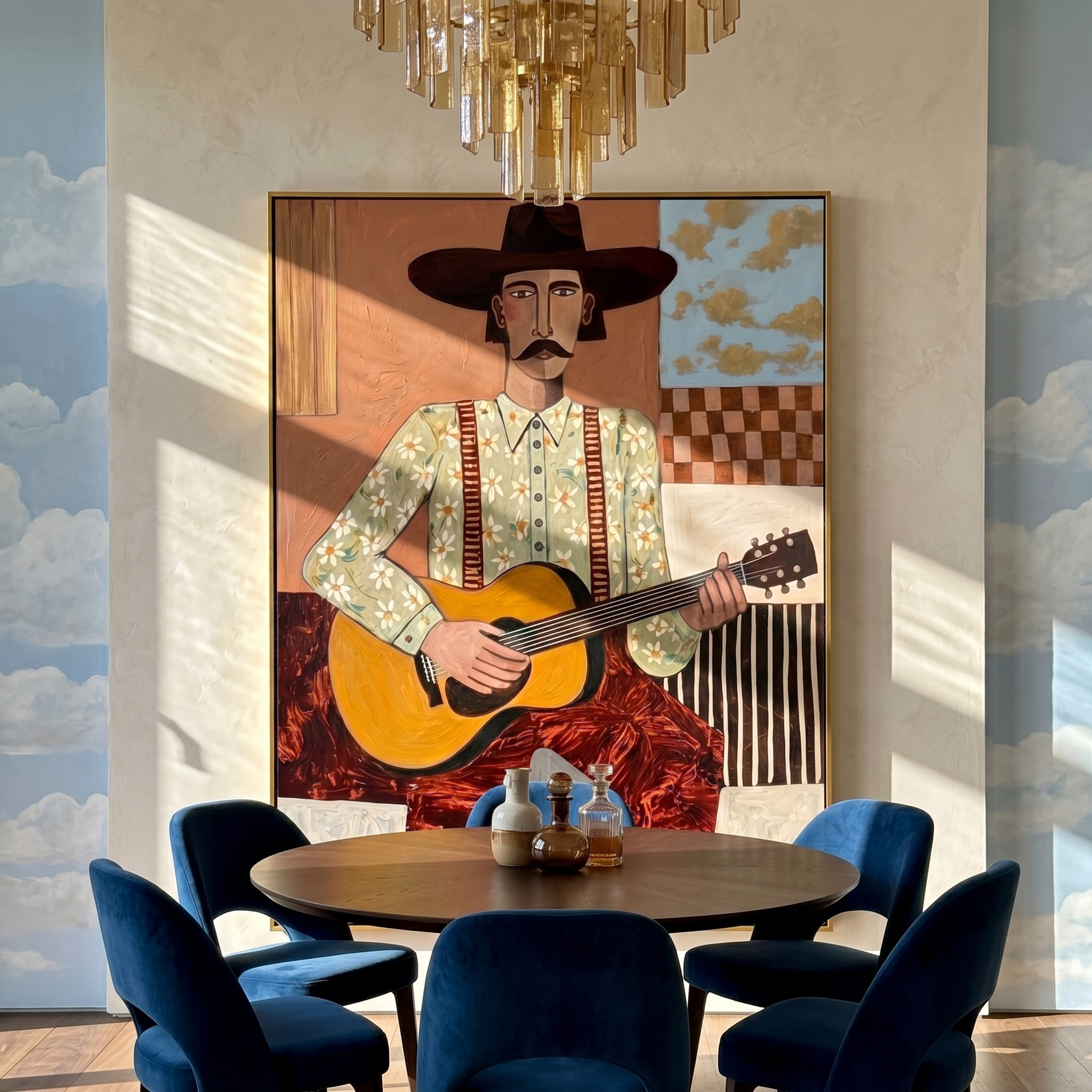 "The Western Balladeer" – Folk Impasto Portrait Art | 3D Terracotta & Sage Palette Knife Painting | Luxury Vertical Wall Art #PE 012