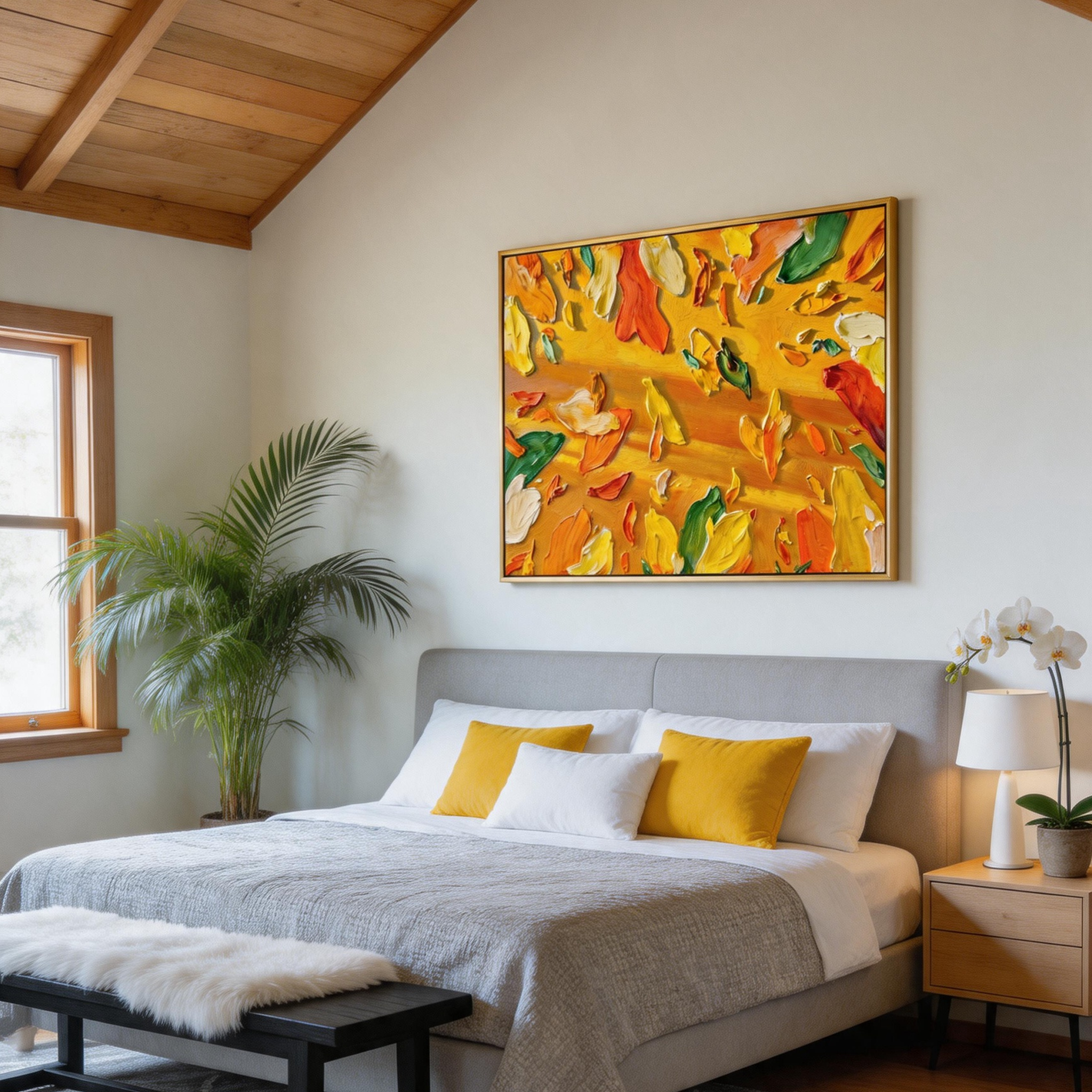 "Golden Radiance" – Sun-Drenched Impasto Abstract Floral | Vibrant Dining Area Statement Art