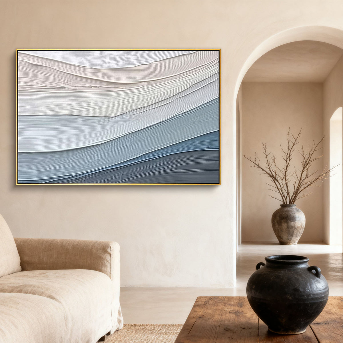 "Buff Spiral" - 3D Heavy Impasto Plaster Relief | Blue & Beige Plaster Texture Statement Art