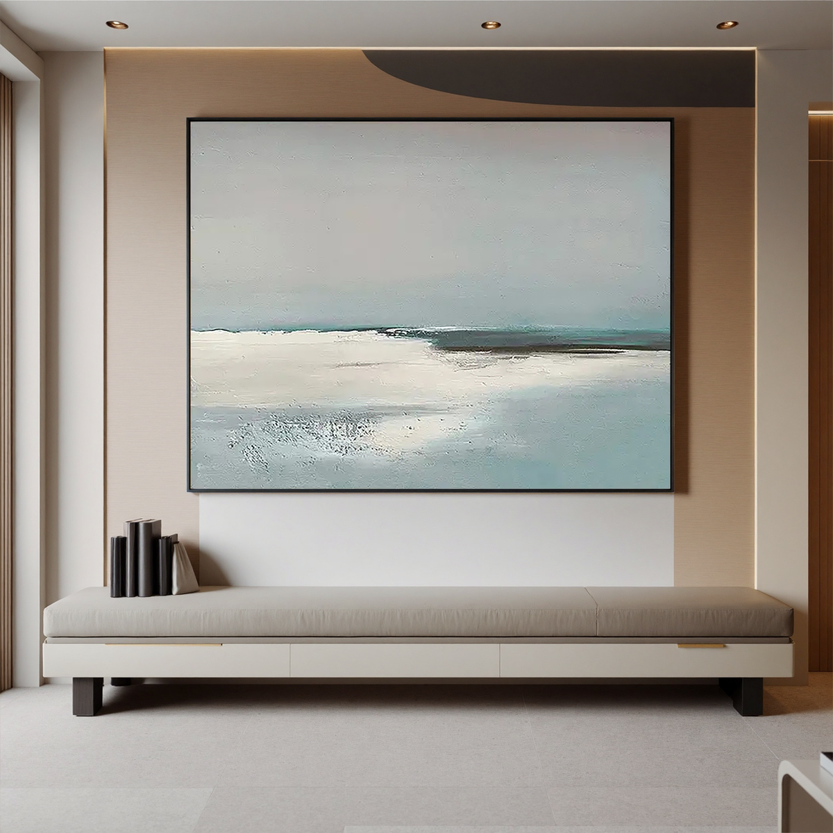 "Pale Horizon" - Minimalist Impasto Abstract Seascape | Soft Teal & Grey Statement Art