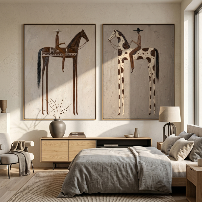 "Stillness on the Saddle" — 3D Textured Abstract Horse & Rider Wall Art Set | Neutral Western Framed Diptych#VA608