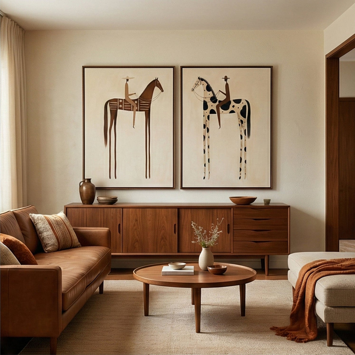 "Paired Reveries" - Modern Heavy Impasto Western Animal Artwork | Golden Palette Knife Painting | Luxury Two-Panel Vertical Wall Art #YK 1606