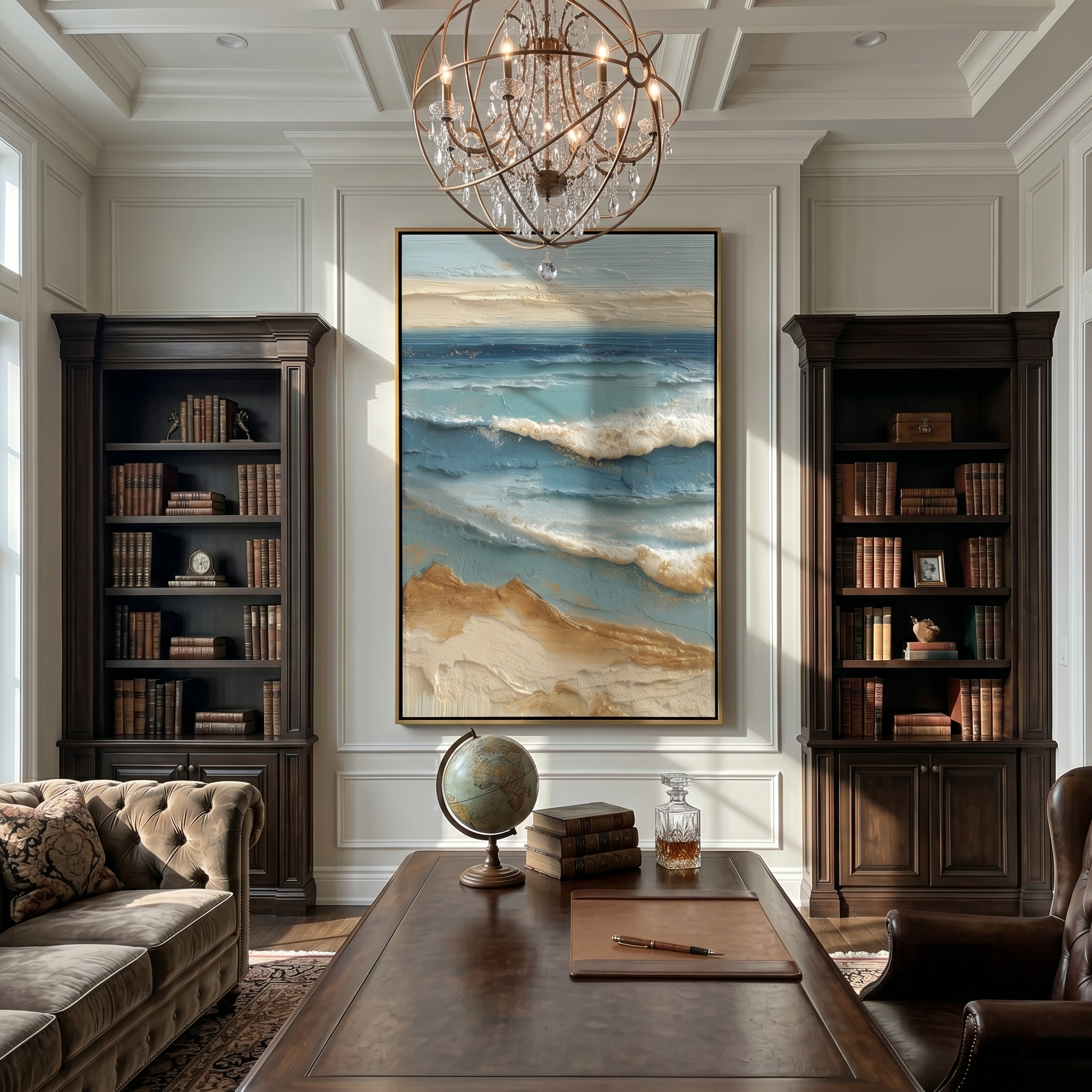 "Textured Coastal Horizon" – Modern Heavy Impasto Seascape Art | 3D Ocean Blue & Gold Palette Knife Painting | Luxury Vertical Wall Art#PT 020