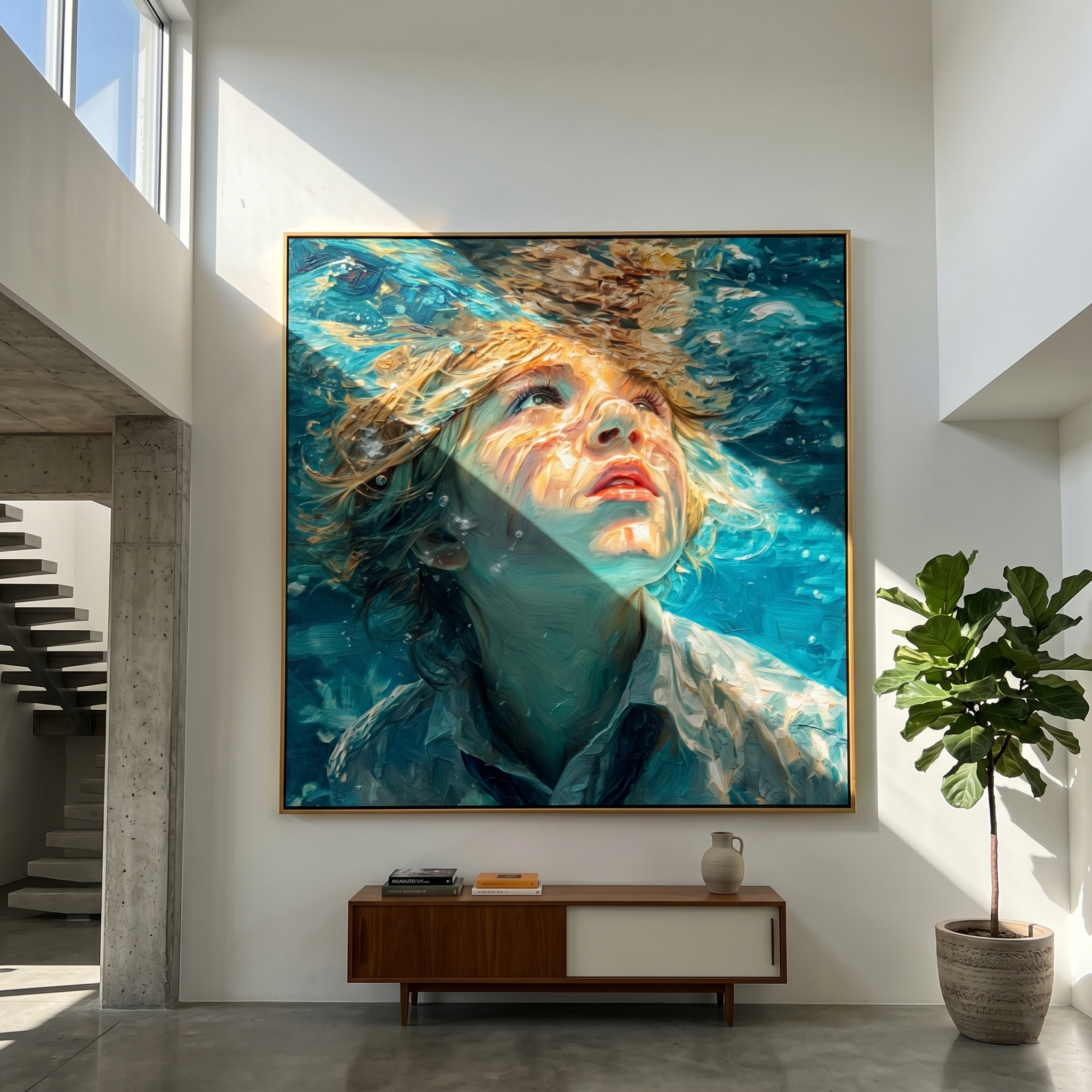 "Beneath the Surface Gaze" – Tactile Underwater Impressionist Art | Vibrant Turquoise & Warm Light Impasto Wall Decor | Contemporary Square Statement Piece#PE 001