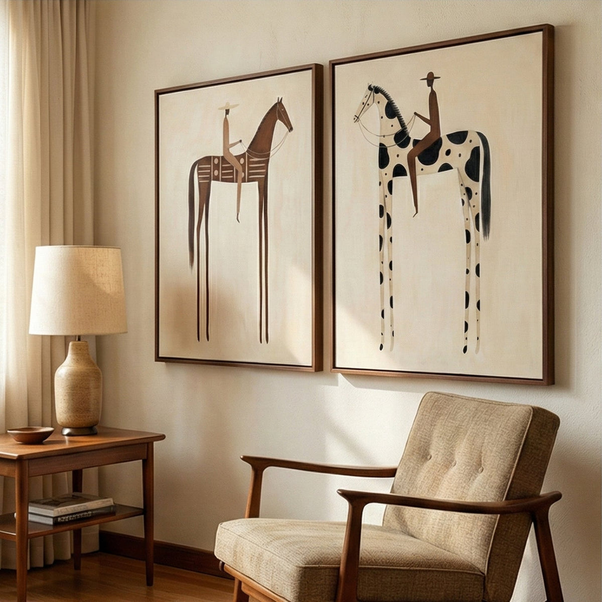 "Paired Reveries" - Modern Heavy Impasto Western Animal Artwork | Golden Palette Knife Painting | Luxury Two-Panel Vertical Wall Art #YK 1606