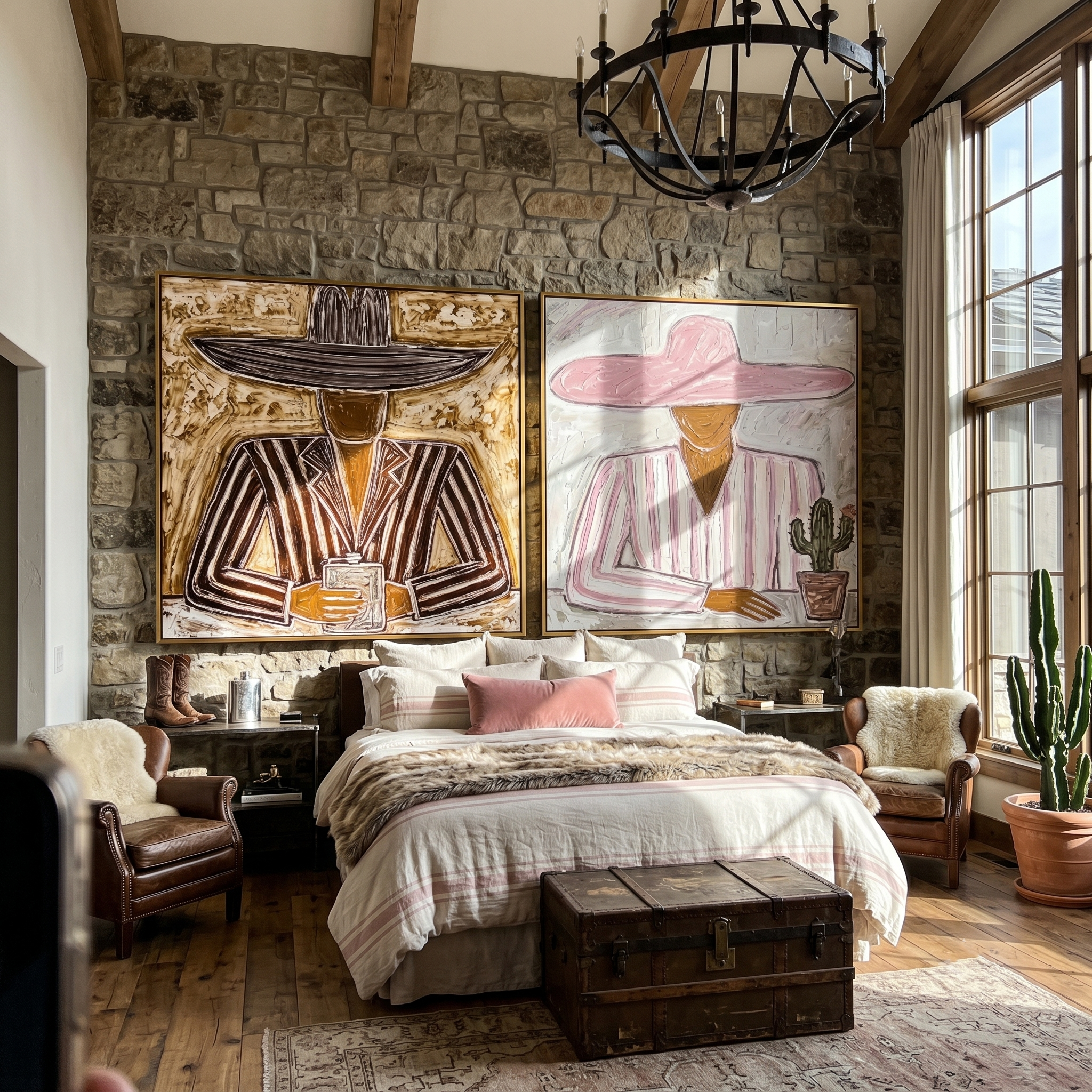 "Under the Wide Brim" — 3D Textured Abstract Western Figure Wall Art Set | Pink & Umber Framed Diptych#VA611