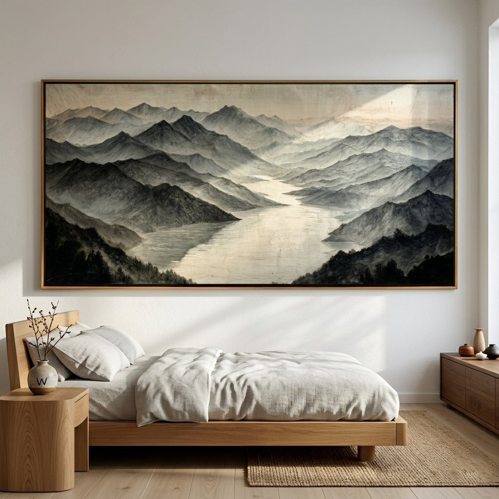 "Layered Mountain Valley" – Modern Heavy Impasto Landscape Art | 3D Monochrome & Soft Beige Palette Knife Painting | Luxury Horizontal Wall Art#PT 019