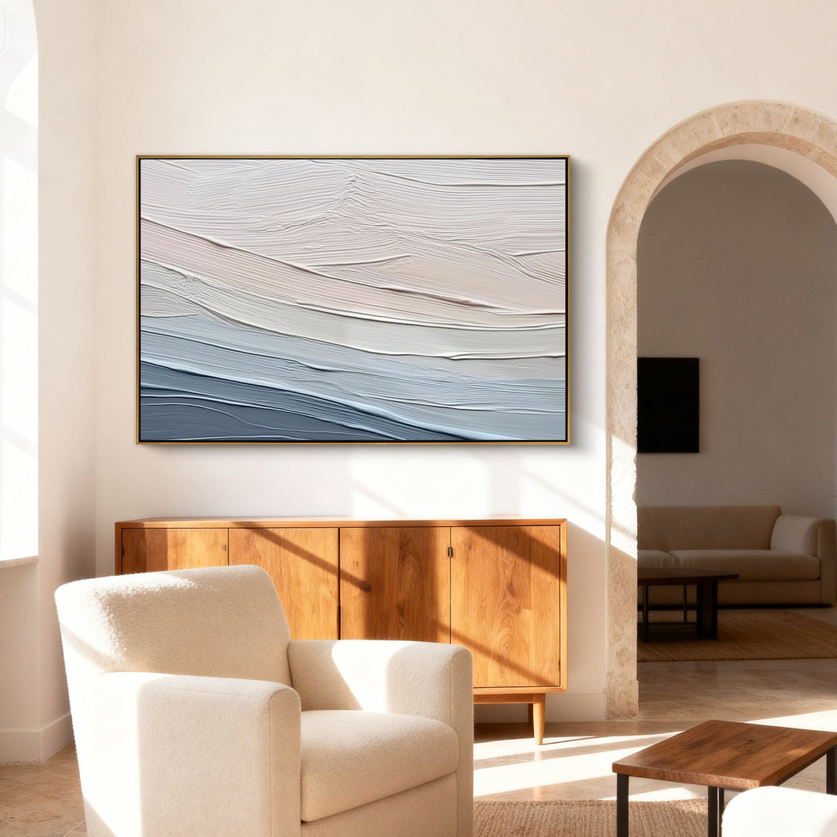 "Beige Lines" - 3D Heavy Impasto Plaster Relief | Blue & Beige Plaster Texture Statement Art