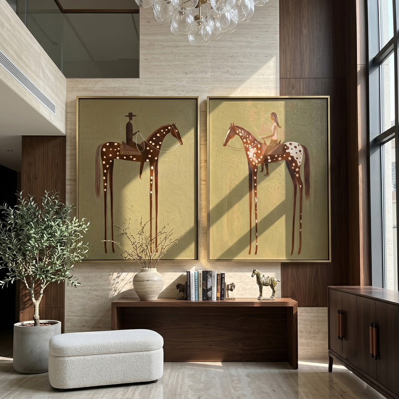 "Silent Spurs" — 3D Textured Abstract Western Riders Wall Art | Olive & Umber Framed Diptych#VA615