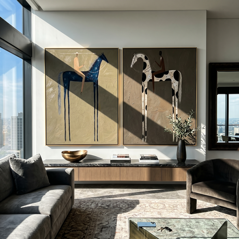 "The Last Map of Quiet Riders" — 3D Textured Abstract Western Rider Wall Art Set | Olive, Ivory & Umber Framed Diptych#VA623